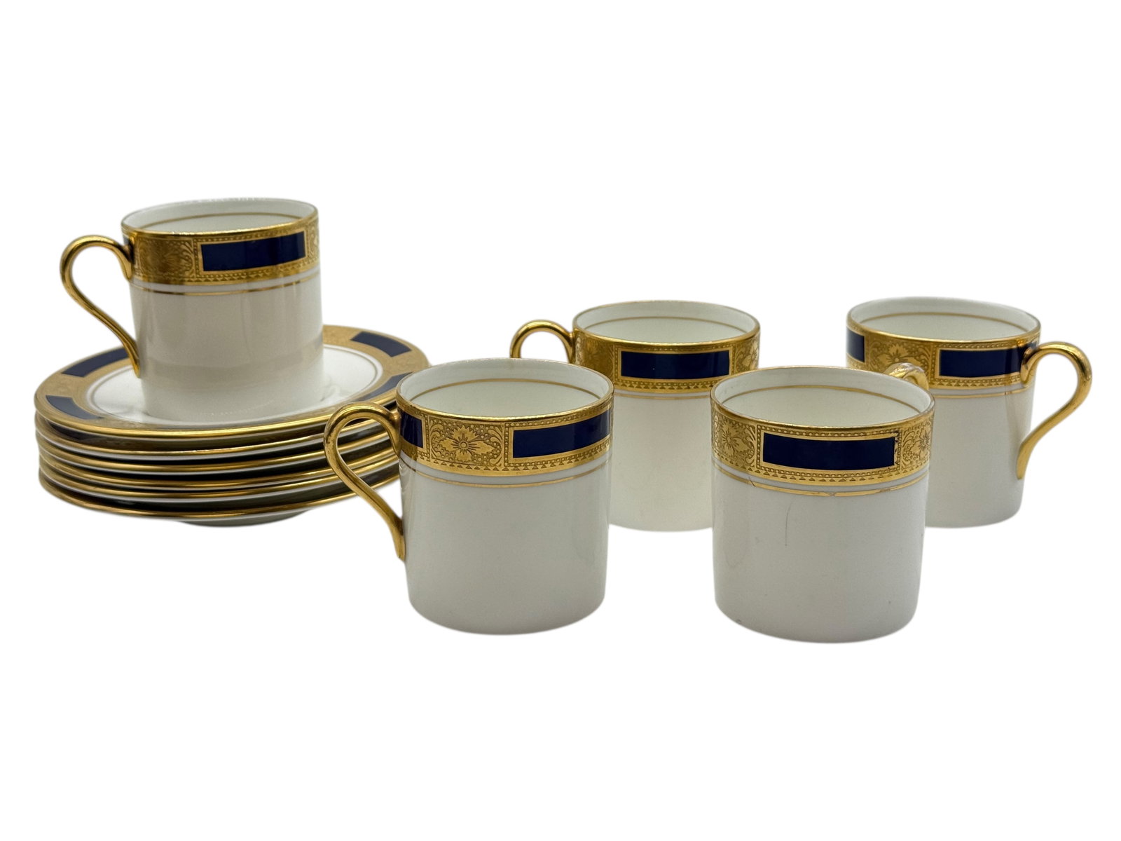 11 Pieces of Aynsley Empress Cobalt Bone China Set: Cup: H: 2 3/8 inches D: 3 inches Dish: D: 4 3/4 inches