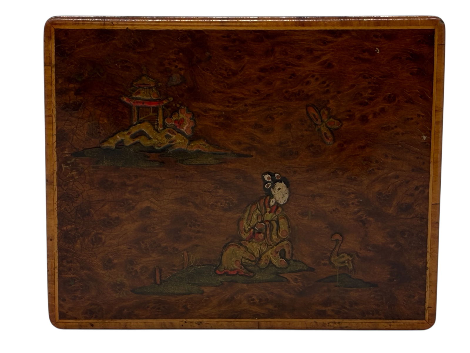 A Chinese painted wood box: H: 1 3/4 inches W: 4 3/4 inches D: 3 3/4 inches