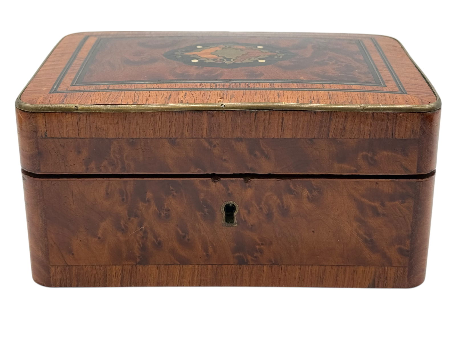 Victorian English Burl Walnut Inlay Box: Antique Victorian English Burl Walnut Inlay Blue Satin Lining Dresser Box H: 3 3/4 inches W: 6 3/4 inches D: 41/2 inches