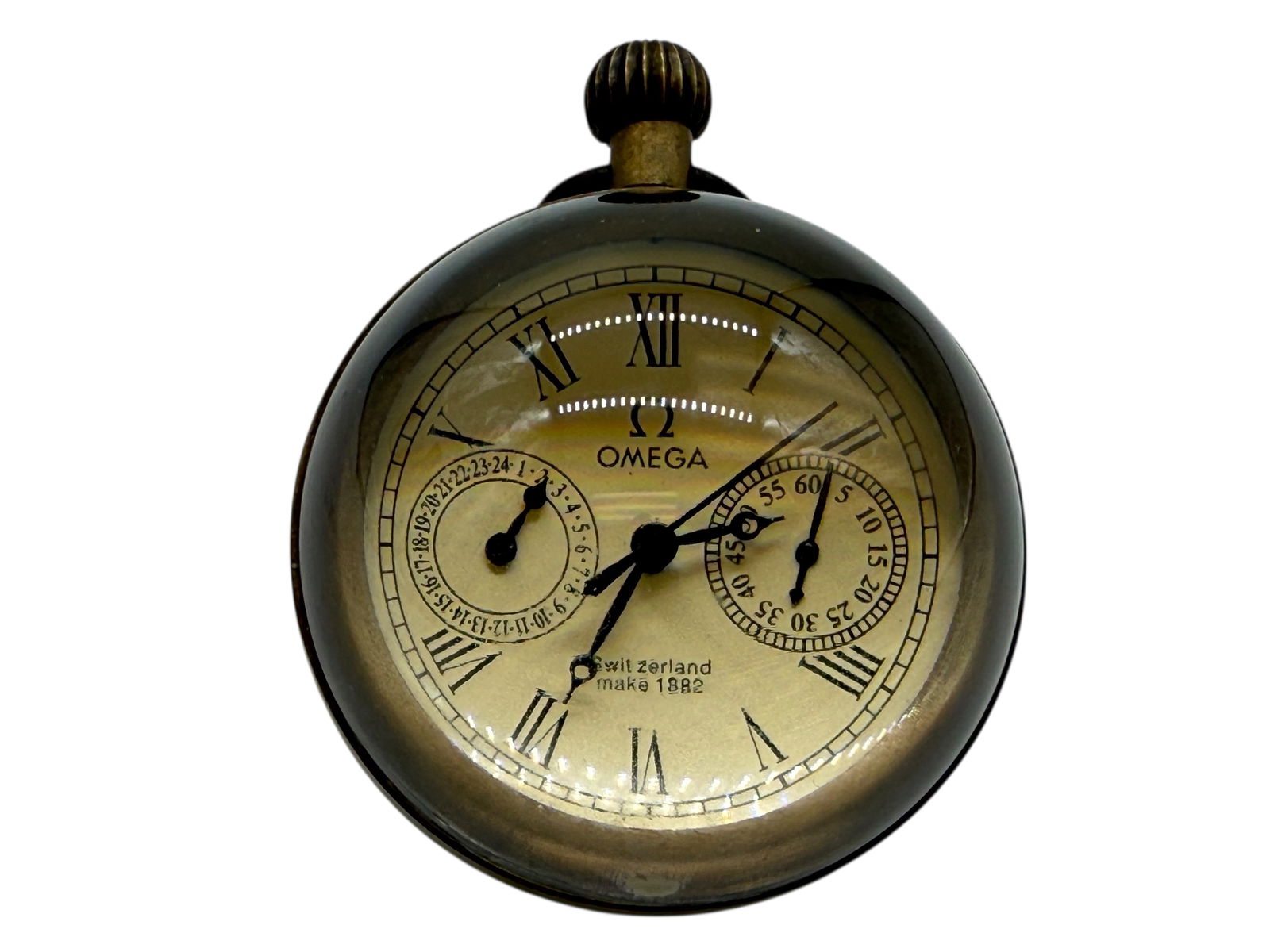 OMEGA SWITZERLAND GLASS GLOBE TABLE CLOCK: OMEGA SWITZERLAND GLASS GLOBE TABLE CLOCK D: 2 inches