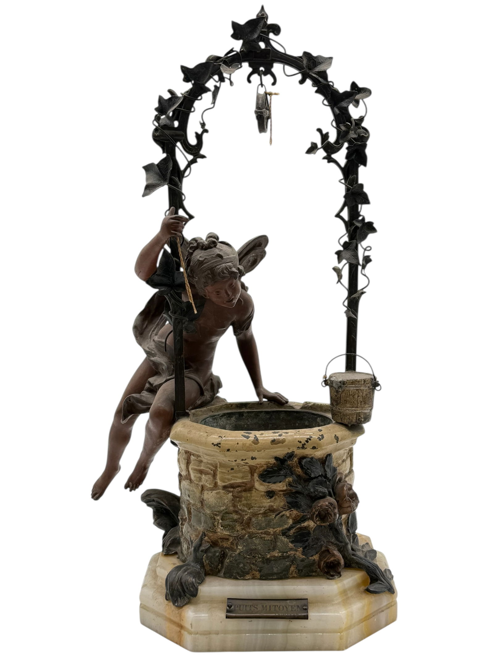 Puits mitoyen, J. Vincent, Bronze sculpture of a c: Puits mitoyen, J. Vincent Bronze sculpture of a cherub at a wishing well H: 17 3/4 inches W: 10 inches D: 8 3/4 inches
