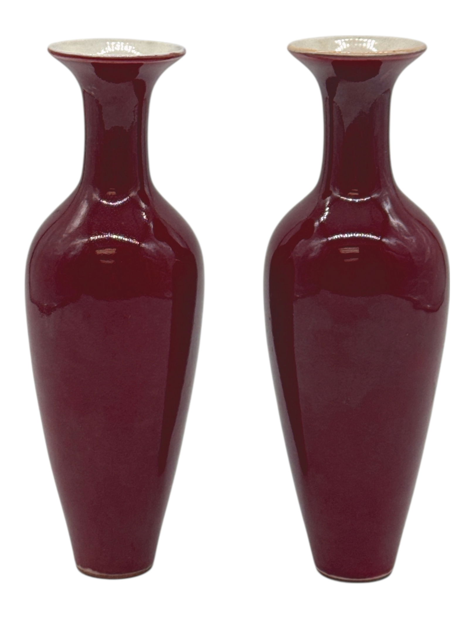Pair of Chinese Red Glazed Vases: H: 9 1/2 inches W: 3 inches