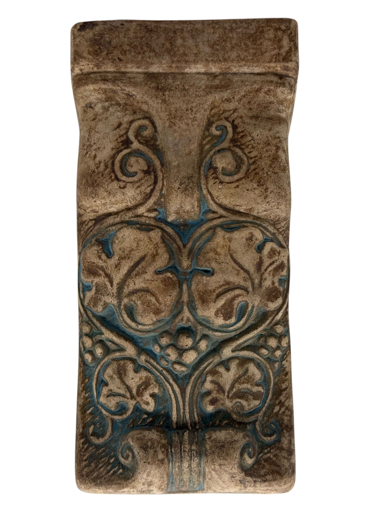 Carved stone wall mount oil lamp holder: H: 8 inches W: 3 3/4 inches D: 4 1/8 inches