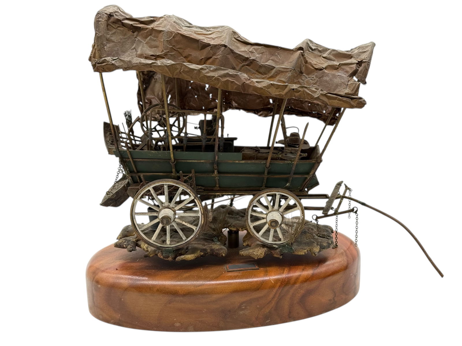 Metal Sculpture Covered Wagon, Marked C. Bill: H: 9 1/4 inches W: 8 1/2 inches D: 5 3/4 inches