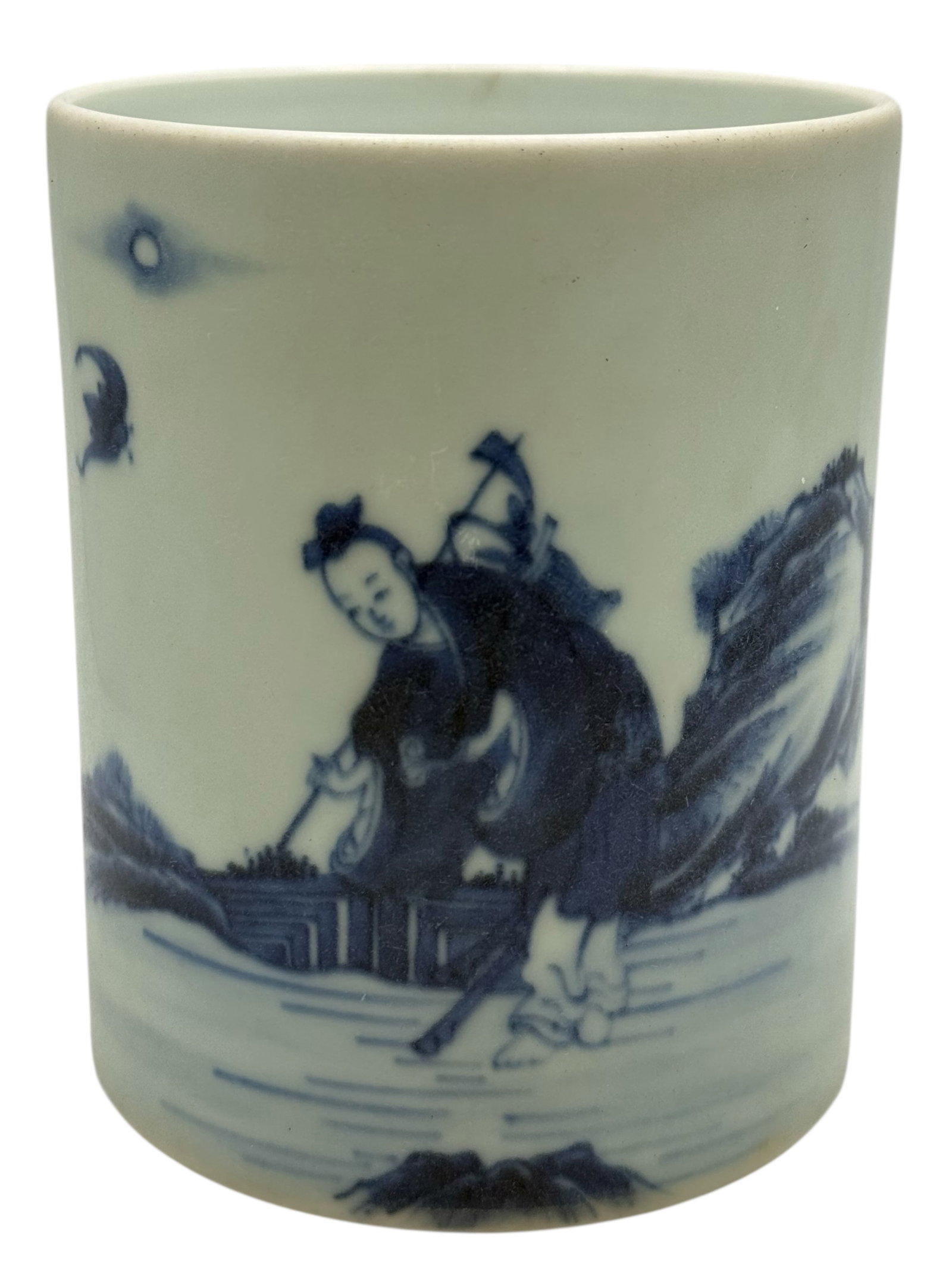 A Chinese Blue and White Porcelain Brush Pot: The cylindrical brush pot painted in underglaze blue with a continuous riverscape scene depicting figures in a boat, with rocks and distant hills, the interior left plain. H: 4 7/8 inchesW: 3 7/8