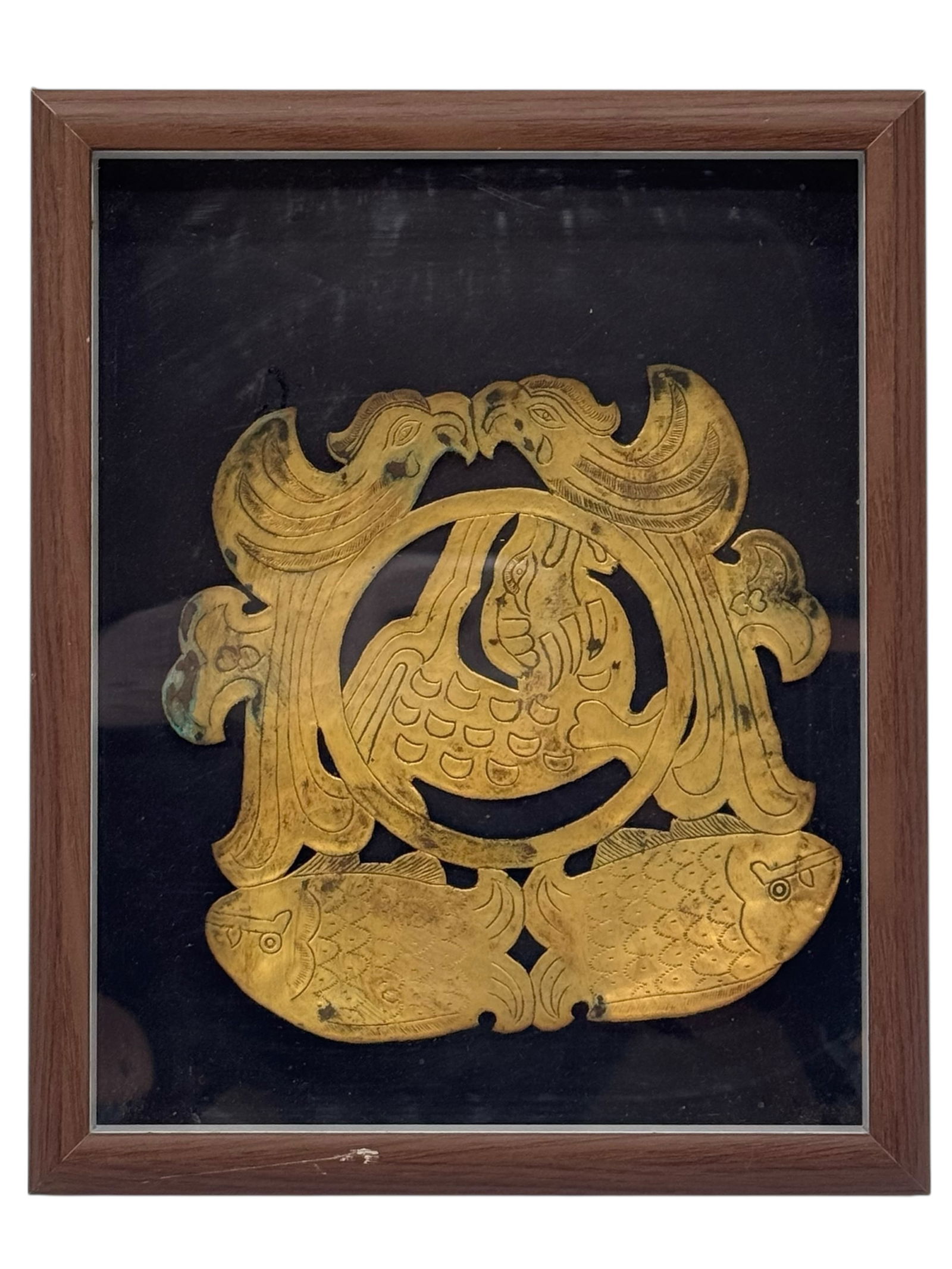 A Framed Gilt Metal Plaque with Confronted Birds: A Framed Gilt Metal Plaque with Confronted Birds H: 11 inches W: 8 3/4 inches