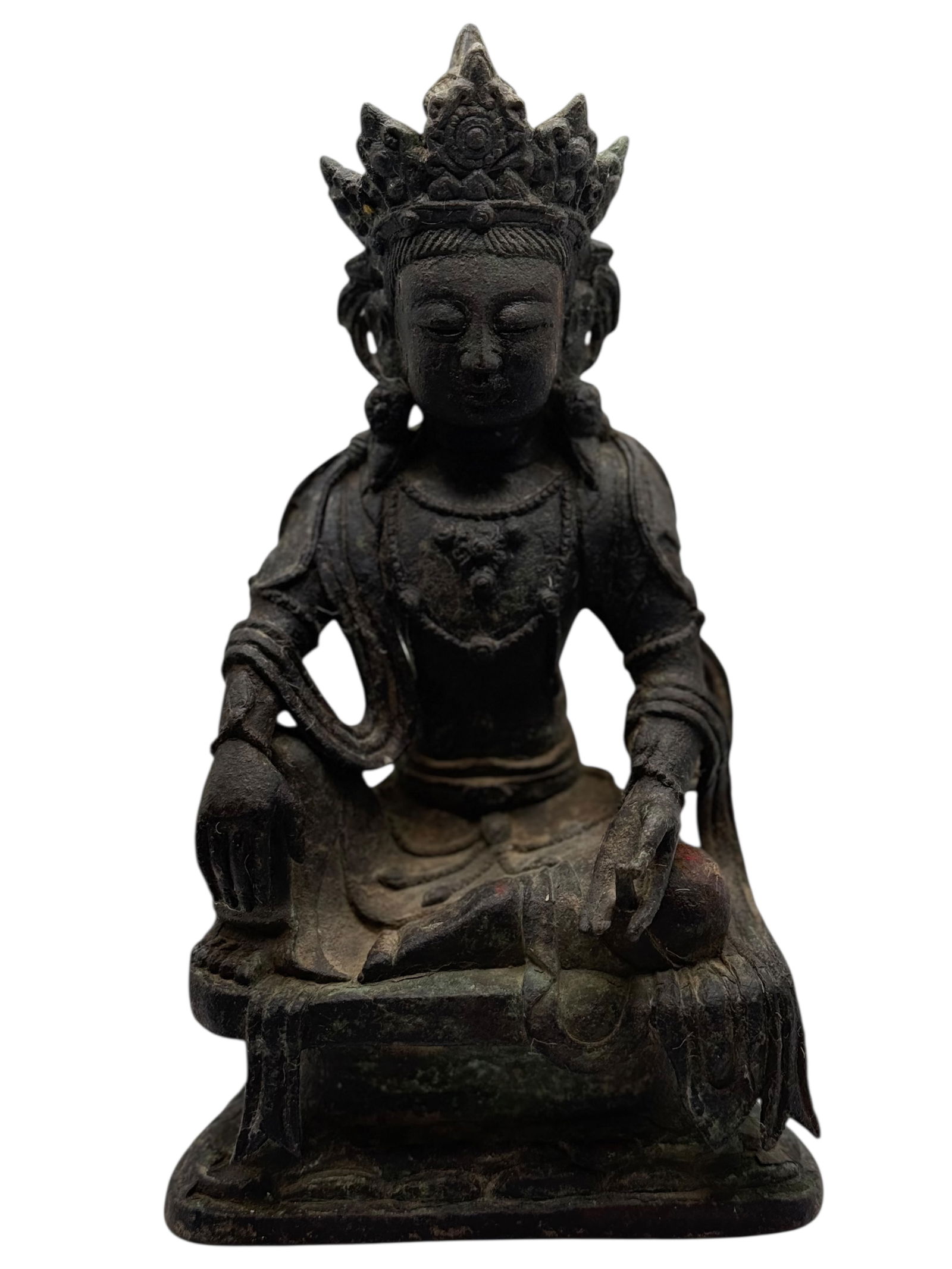 A Chinese Bronze Figure of a Deity: Seated on a stepped base with one leg pendant, wearing an elaborate headdress and jewelry, the surface with dark patina and traces of wear. H: 9 3/4 inches W: 5 1/2 inchesD: 3 1/2 inches