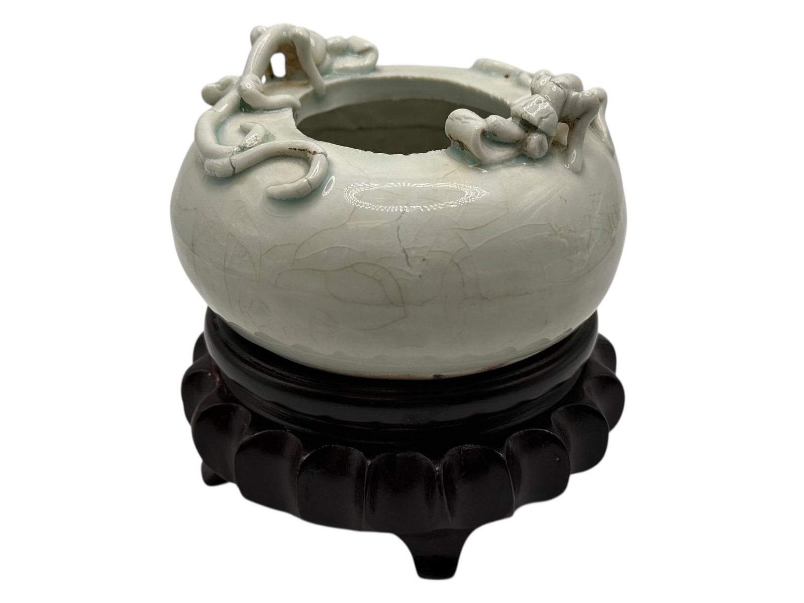 Chinese Celadon Dragon Jardiniere with stand: H: 2 1/4 inches W: 4 inches