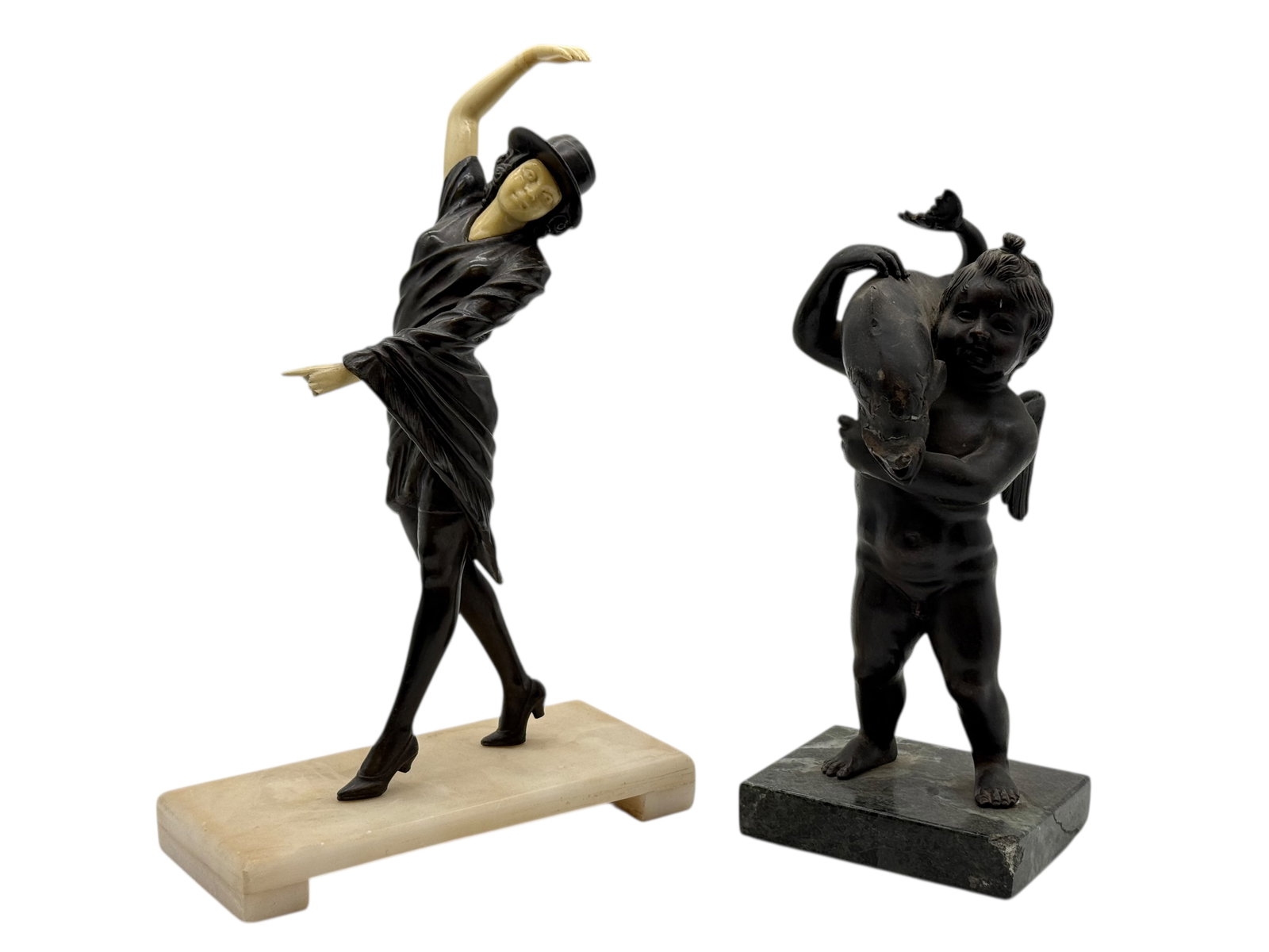Two Bronze Figures on Stone Bases: H: 11 1/2 inches , W: 6 3/4 inches D: 3 inches Boy : H: 8 1/2 inches W: 4 inches D: 3 1/4 inches