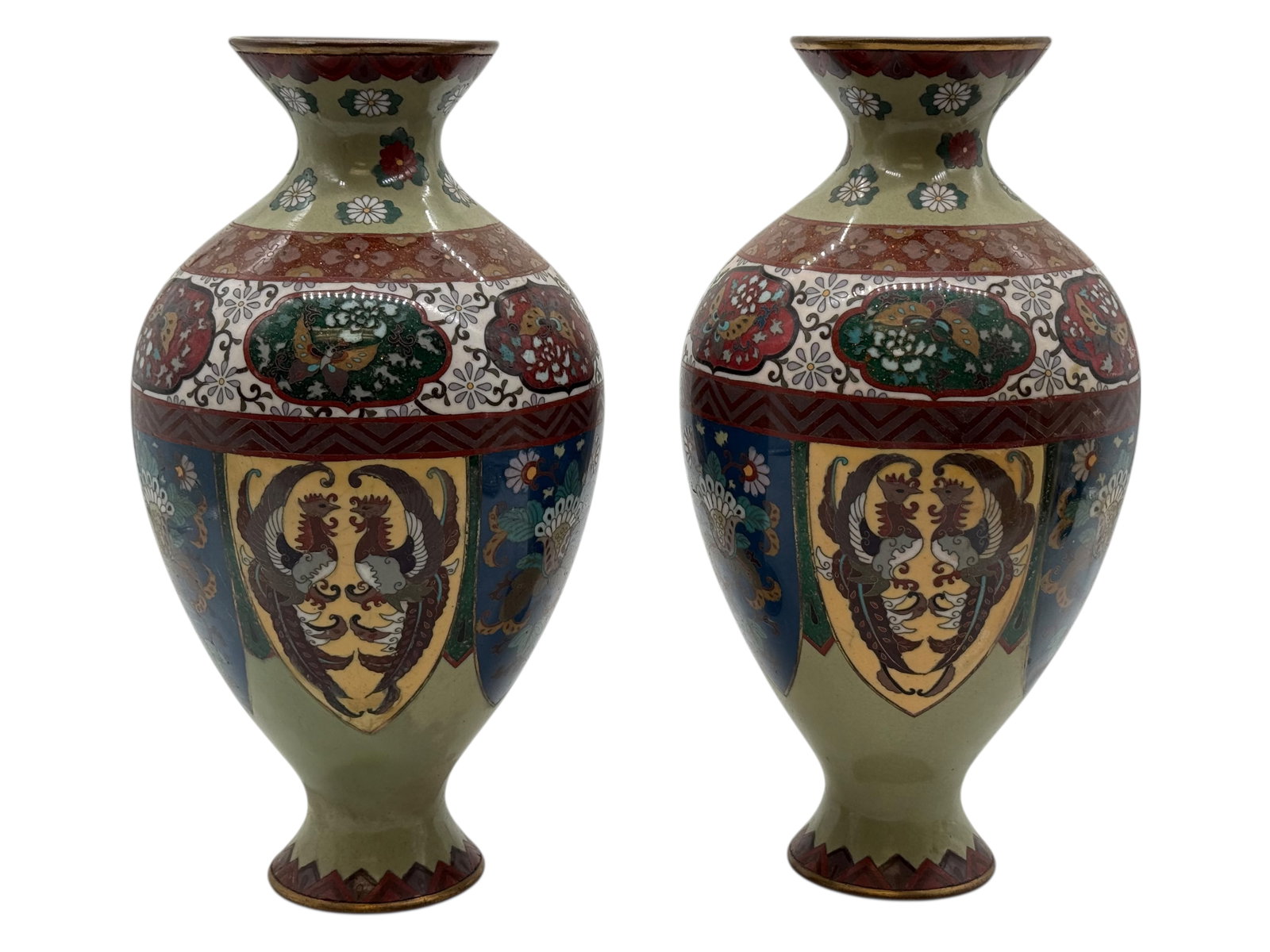 A Pair of Chinese Cloisonné Vases with Phoenix and: A Pair of Chinese Cloisonné Vases with Phoenix and Floral Panels H: 12 1/4 inches W: 6 inches