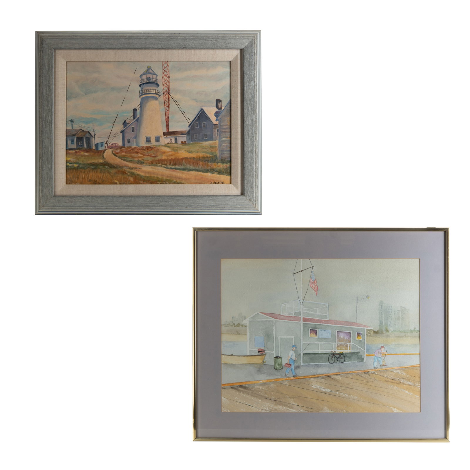 TWO FRAMED PAINTING, G NELSON AND UNSIGNED: One oil and one watercolor. H:20in(50.8cm) W:24in(60.9cm) H:17.5in(44.4cm) W:21.5in(54.6cm)