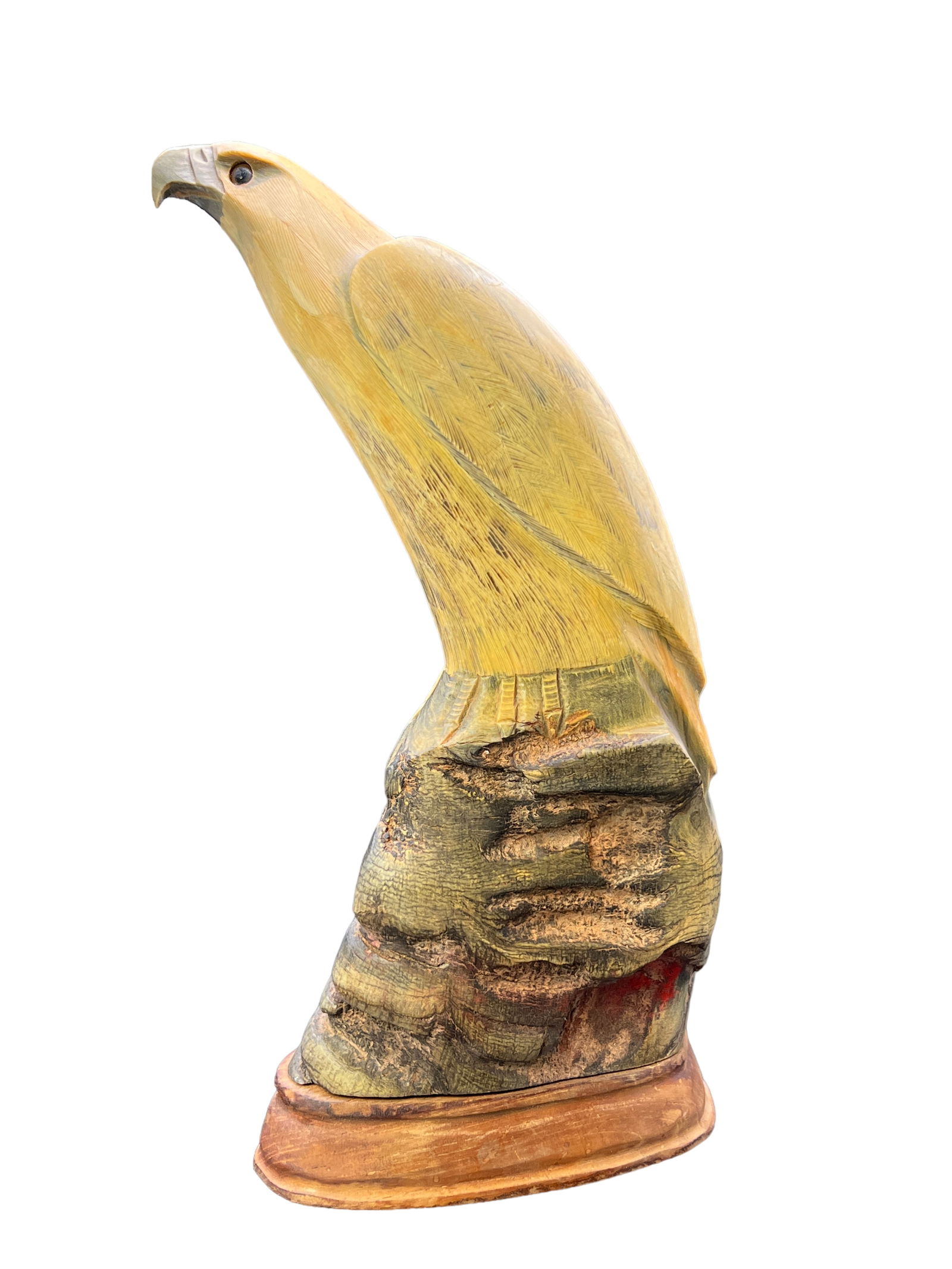 Carved Wood Figure Bird of Prey Eagle Falcon Hawk: H ; 12 1/2 in ( 31.75 cm ) W : 7 1/2 in ( 19.05 cm )