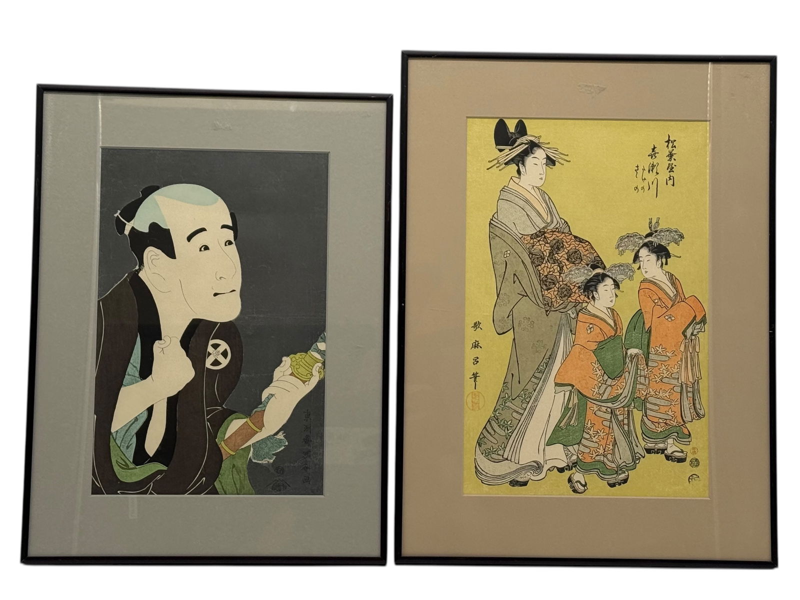 Ukiyo-e woodblock print, in the manner of Kitagawa: Ukiyo-e woodblock print, in the manner of Kitagawa Utamaro, bijin-ga (beauties), Edo period style. H : 20 in ( 50.8 cm ) W ; 14 3/4 in ( 37.47 cm )