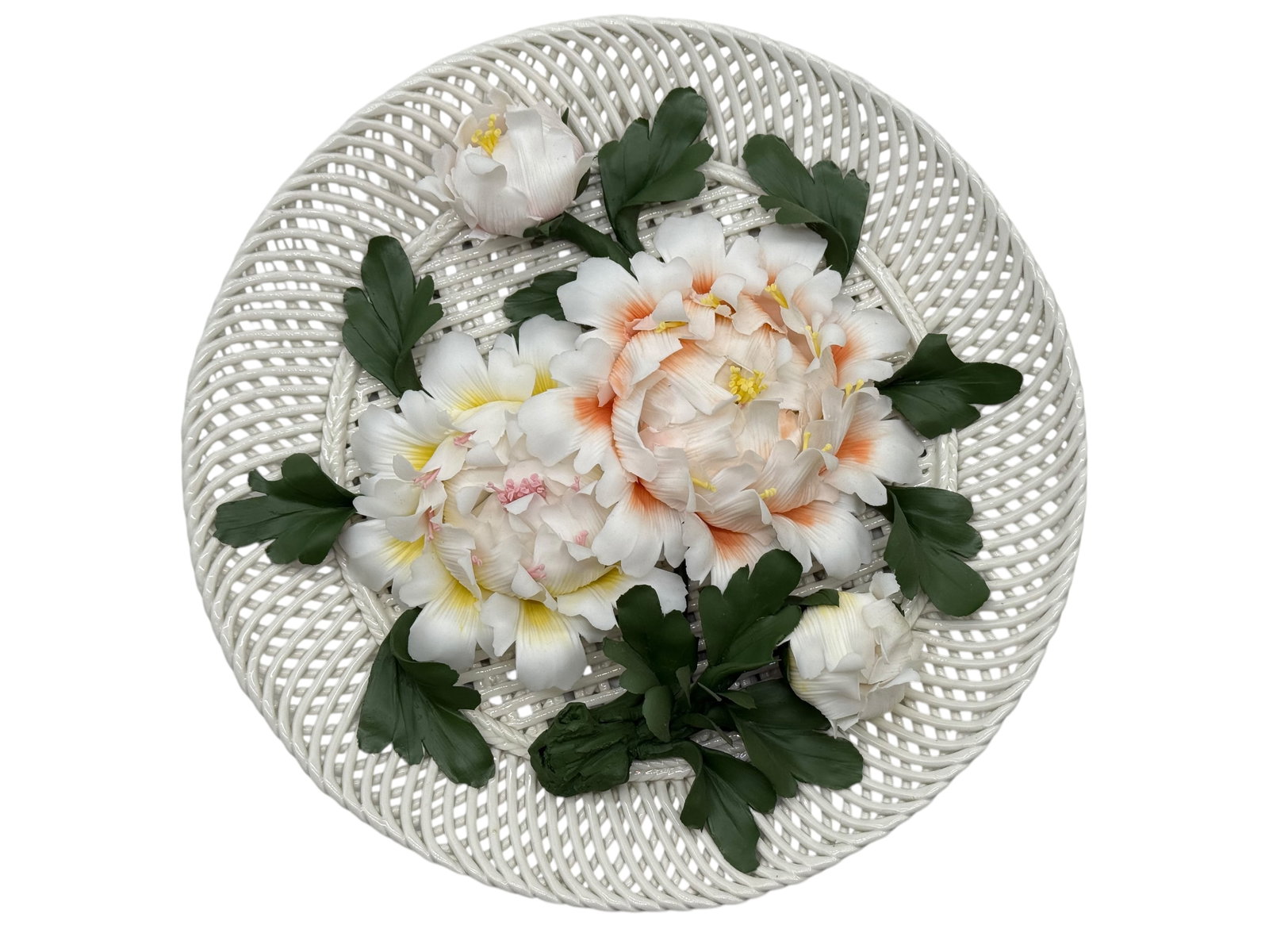 An Italian Porcelain Floral Basket, 20th Century: D: 10 1/2 inches