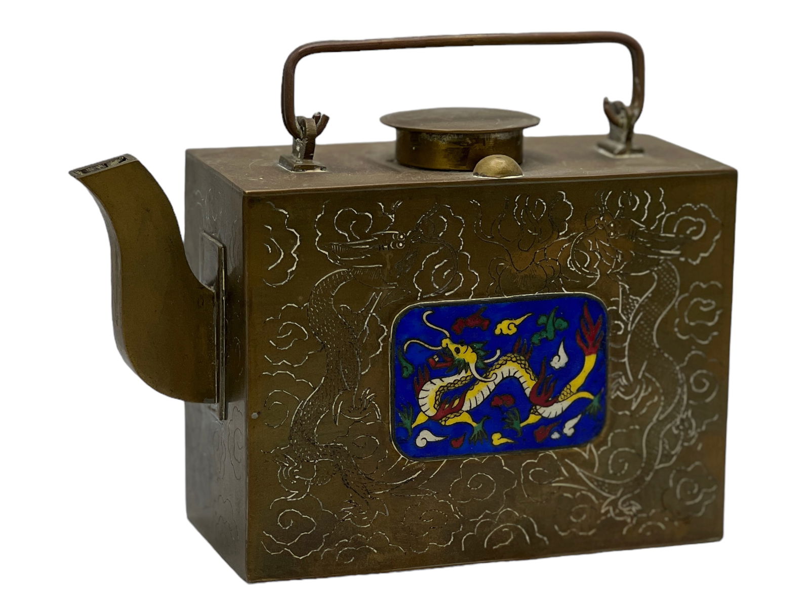 Chinese Copper Cloisonne Tea Pot: H : 4 1/2 in ( 11.43 cm ) W : 7in ( 17.78 cm ) L : 2.1/8 in ( 5.4 cm ) kuan