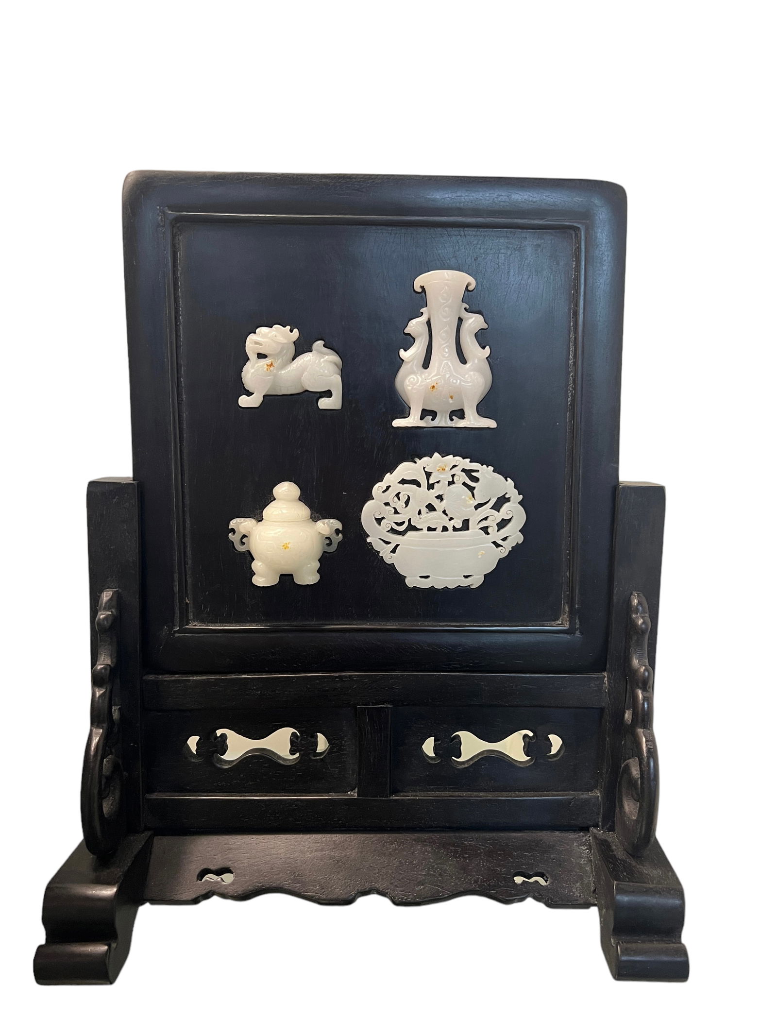 WOOD CARVED WHITE JADE INLAID SCREEN (1 of 6)