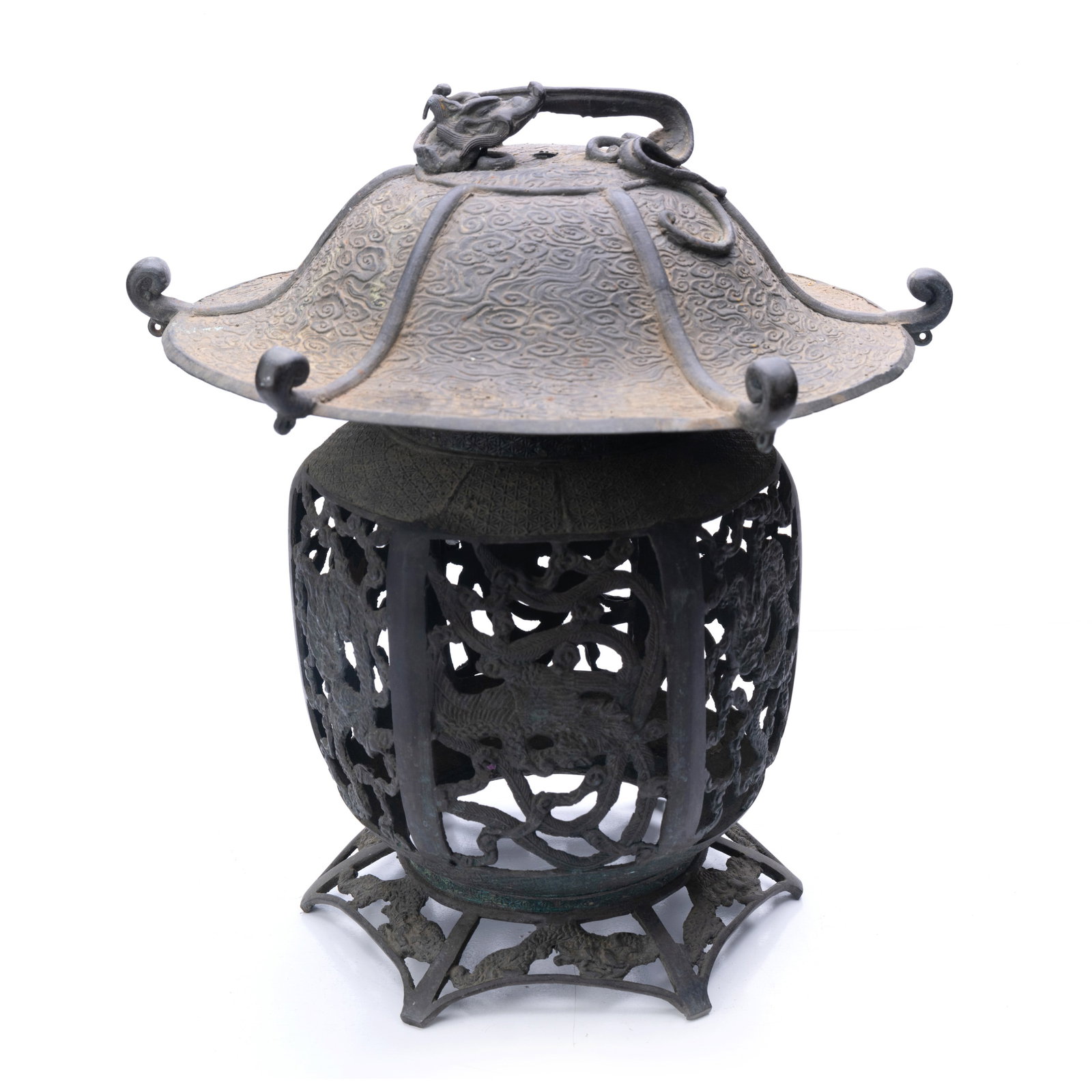 Japanese Bronze Tsuri Akari Kago Lantern: H: 13 in. ( 33 cm) W: 12 1/2 in. ( 31.75 cm)