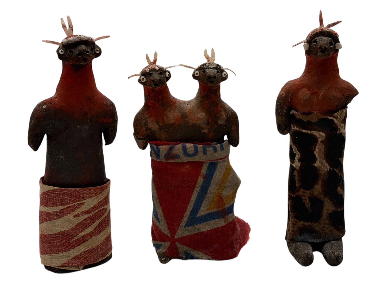 Set of Three African Tribal Clay Figures with Pain: Set of Three African Tribal Clay Figures with Painted Details and Fabric Wraps H : 6 in ( 15.24 cm ) W : 3 3/8 in ( 8.57 cm )