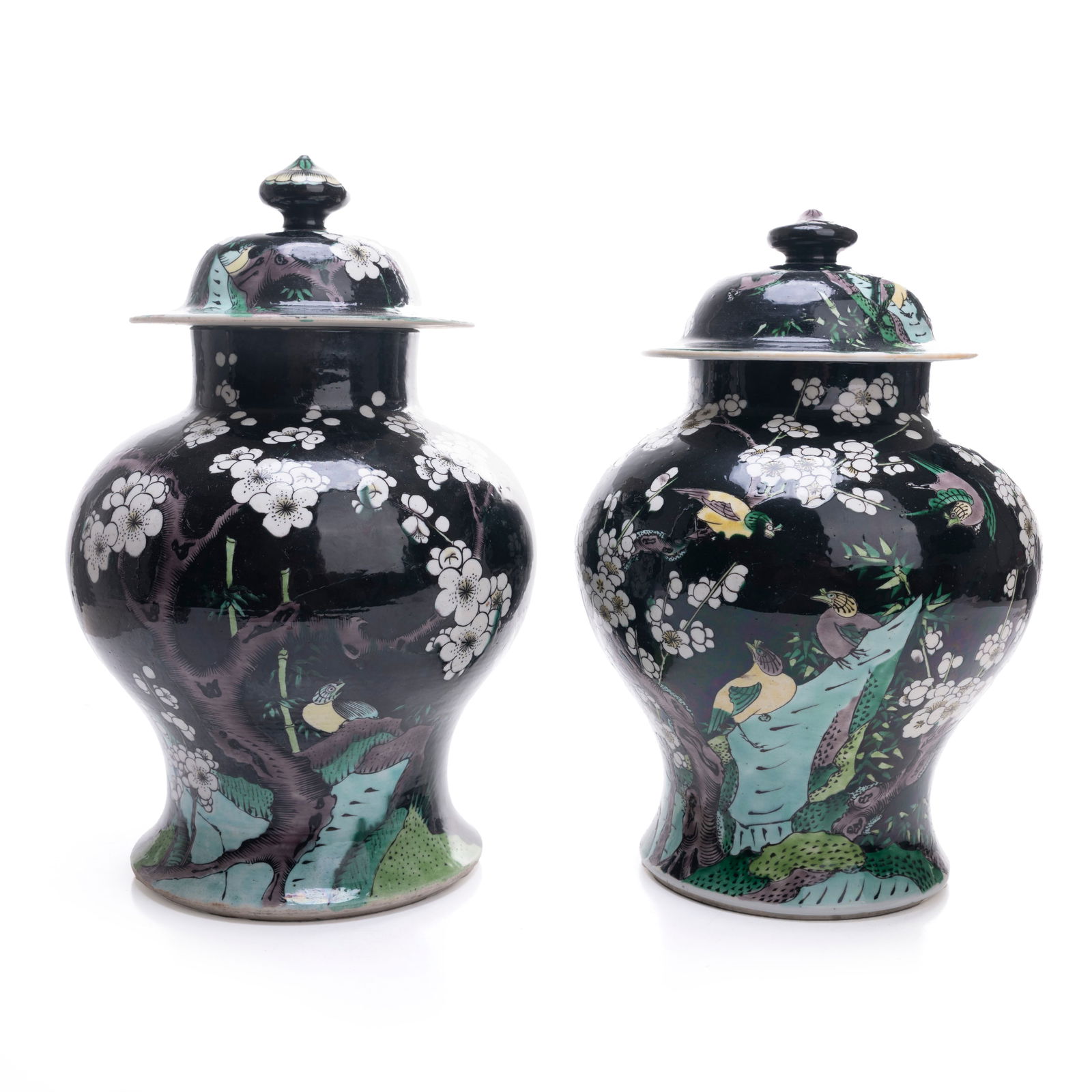 Pair of Chinese Famille Noire Covered Vases with B (1 of 9)