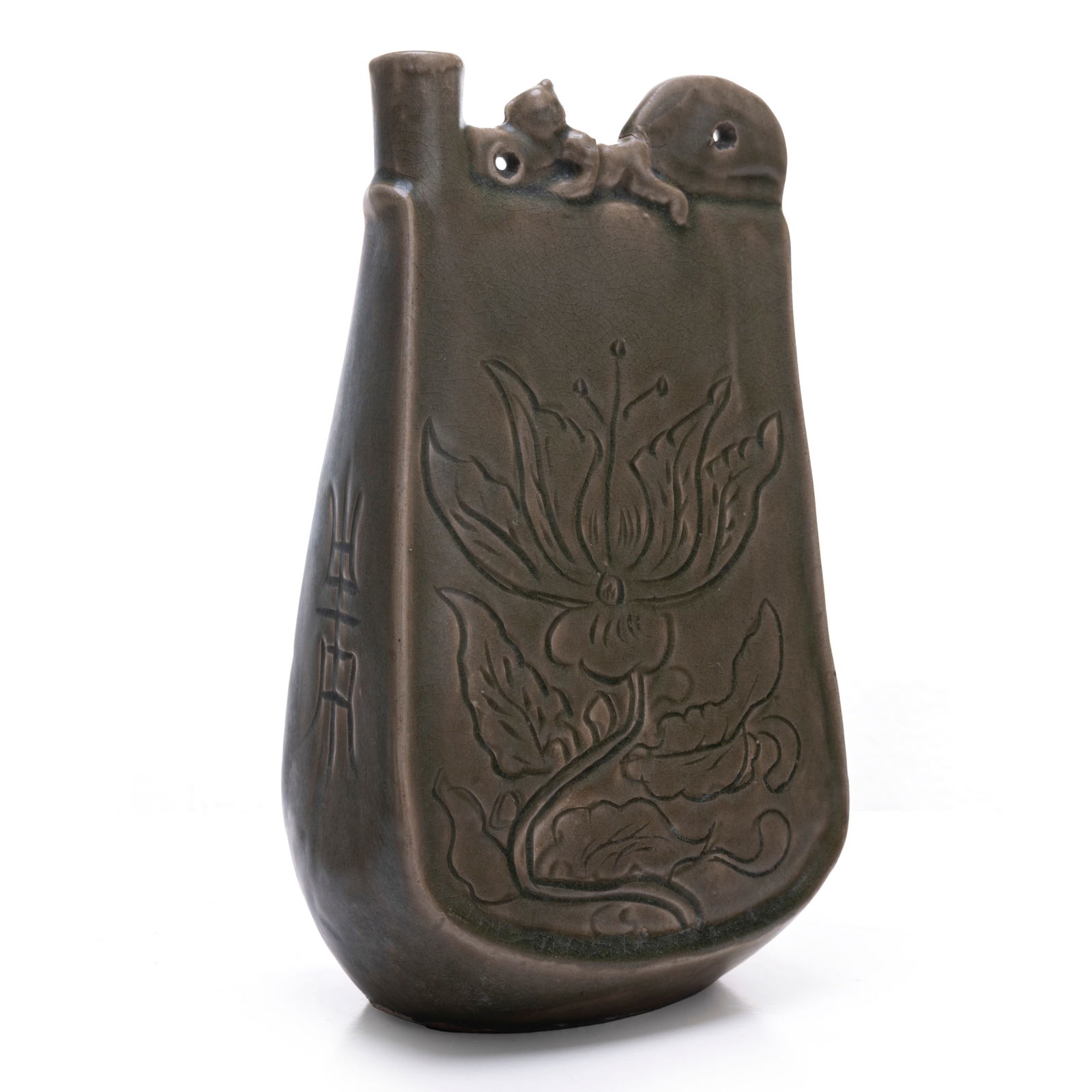 Chinese Celadon Lotus-Relief Pottery Vase: H: 10 3/4 inches W: 5 1/2 inches D: 4 3/4 inches