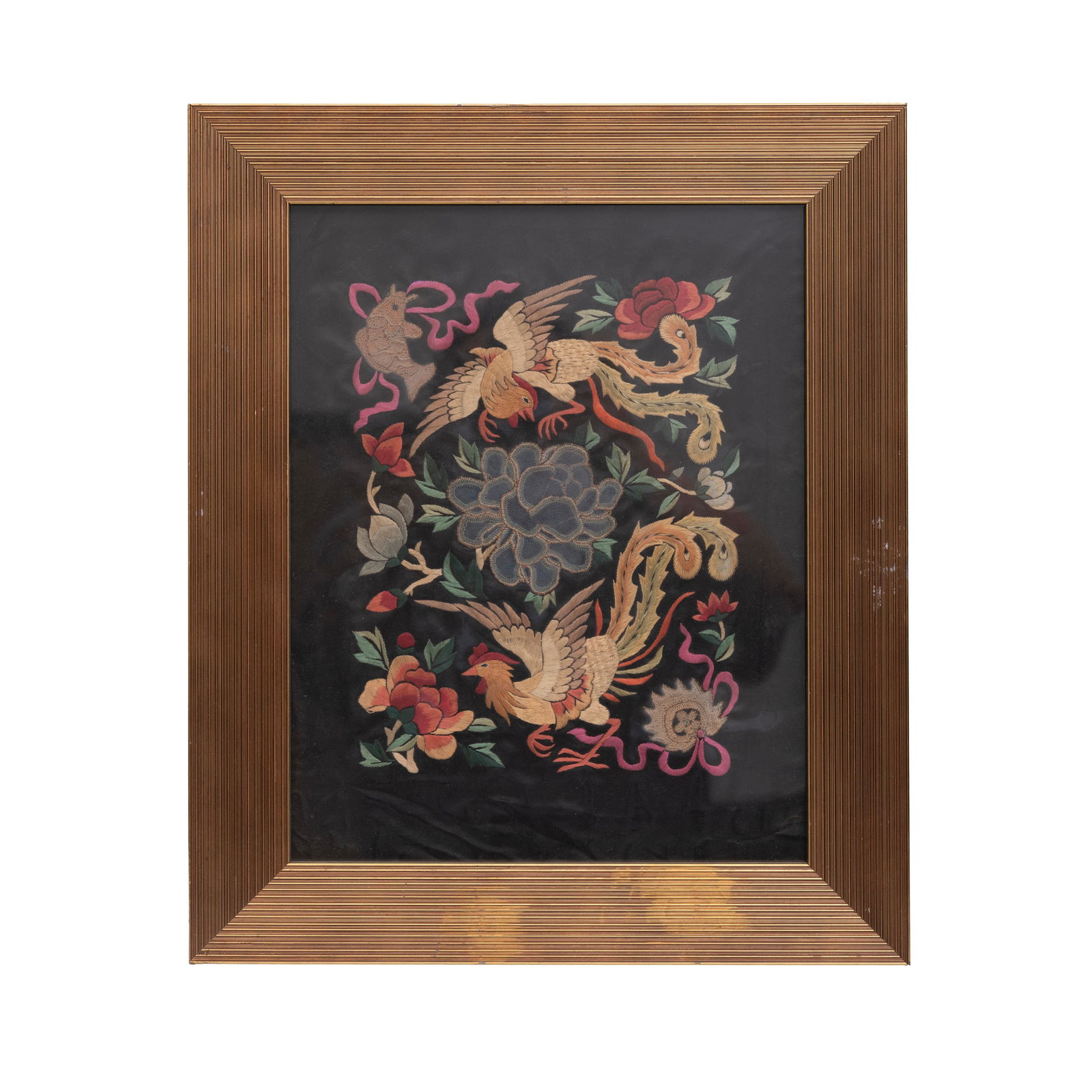 Chinese Embroidered Phoenix and Peony on Black: H: 17 1/2 inches W: 14 5/8 inches