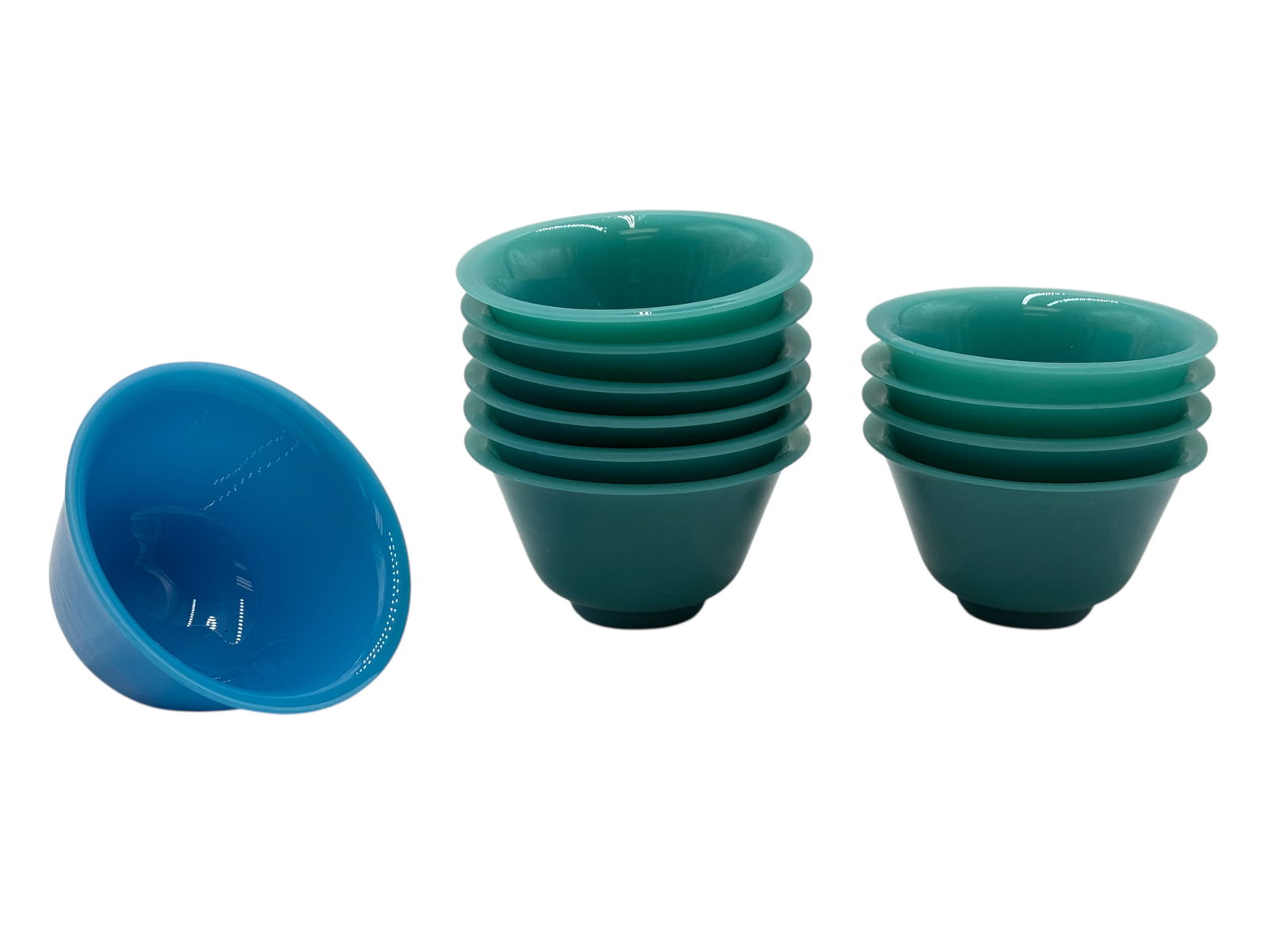 Set of 11 Peking Glass Green Bowls, One in Blue: H: 2 1/2 inches D: 4 1/8