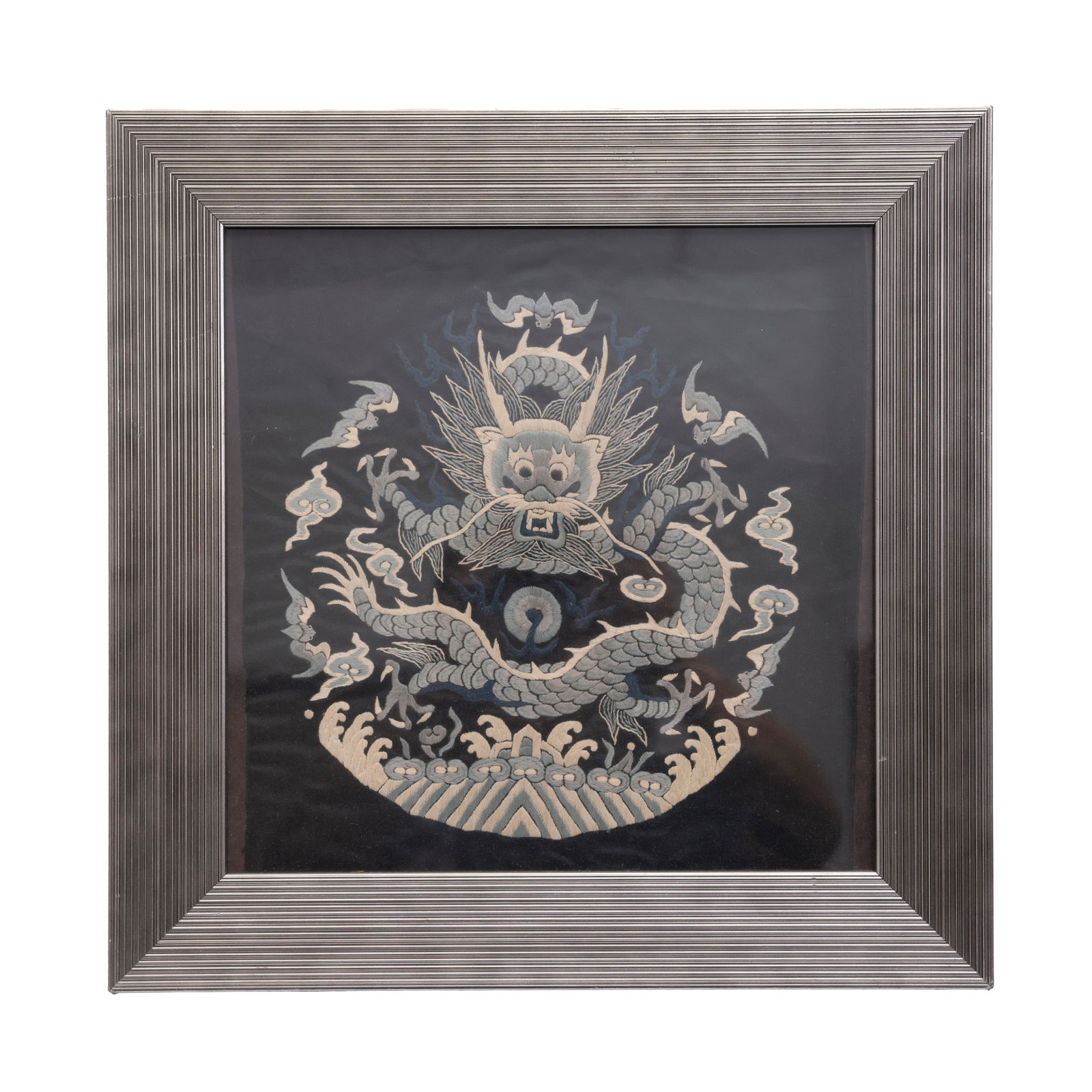 Framed Chinese Dragon Embroidery on Black Silk: H: 15 1/2 inches W: 15 1/2 inches