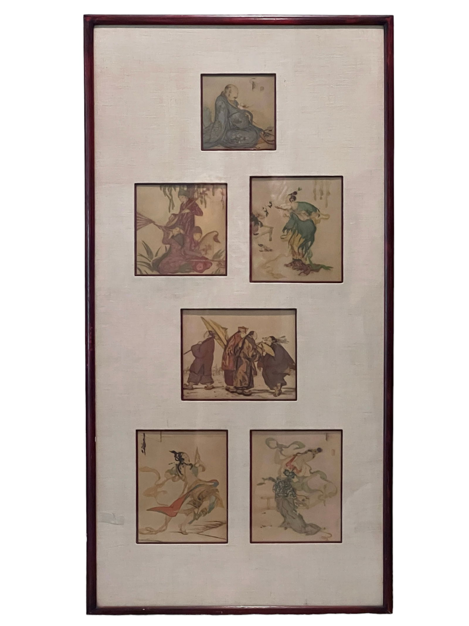 Framed Asian Paintings on Paper, Marks: Frame: 45 inches ( 114.3 cm) W: 24 inches (60.96 cm)