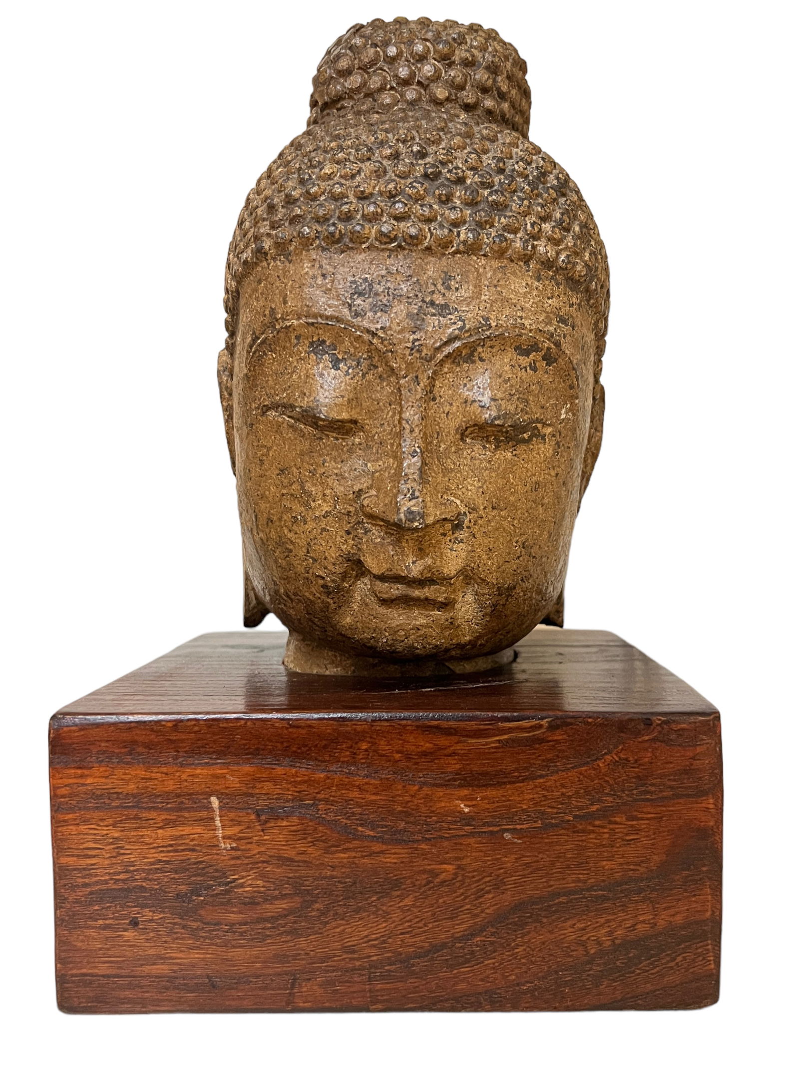 Chinese Stone Carved Buddha Head With Wood Stand: H: 12 in ( 30.48 cm ) W: 7 in. ( 17.78 m) Stone: H: 8 1/2 in. ( 21.59 cm) W: 5 1/2 in. ( 13.97 cm)