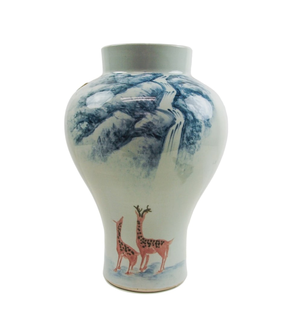 Korean Blue & White Porcelain Vase, Crane: Korean Blue & White Porcelain Vase Crane and Mountain H:14.5in(36.8cm) W:9 3/4in(24.7cm)