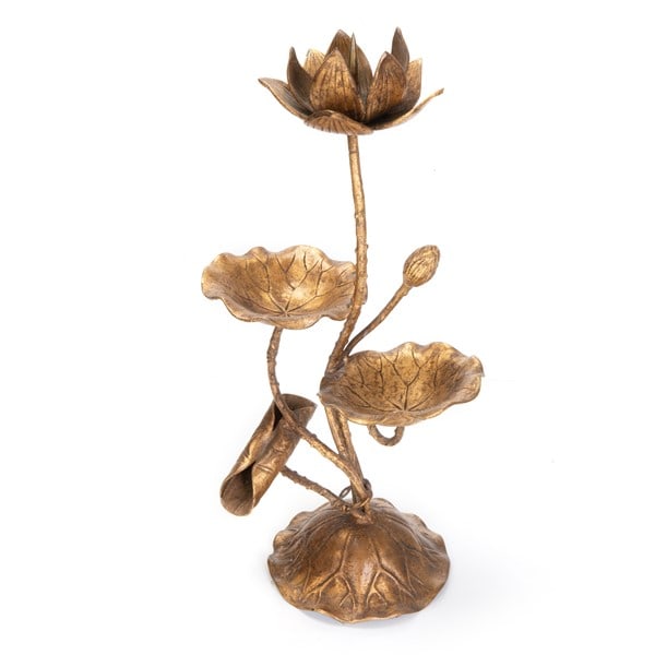 CHINESE BRONZE LOTUS CANDLE STICK: Chinese bronze candle stick. H:14.5in(36.8cm) W:7.5in(19cm)