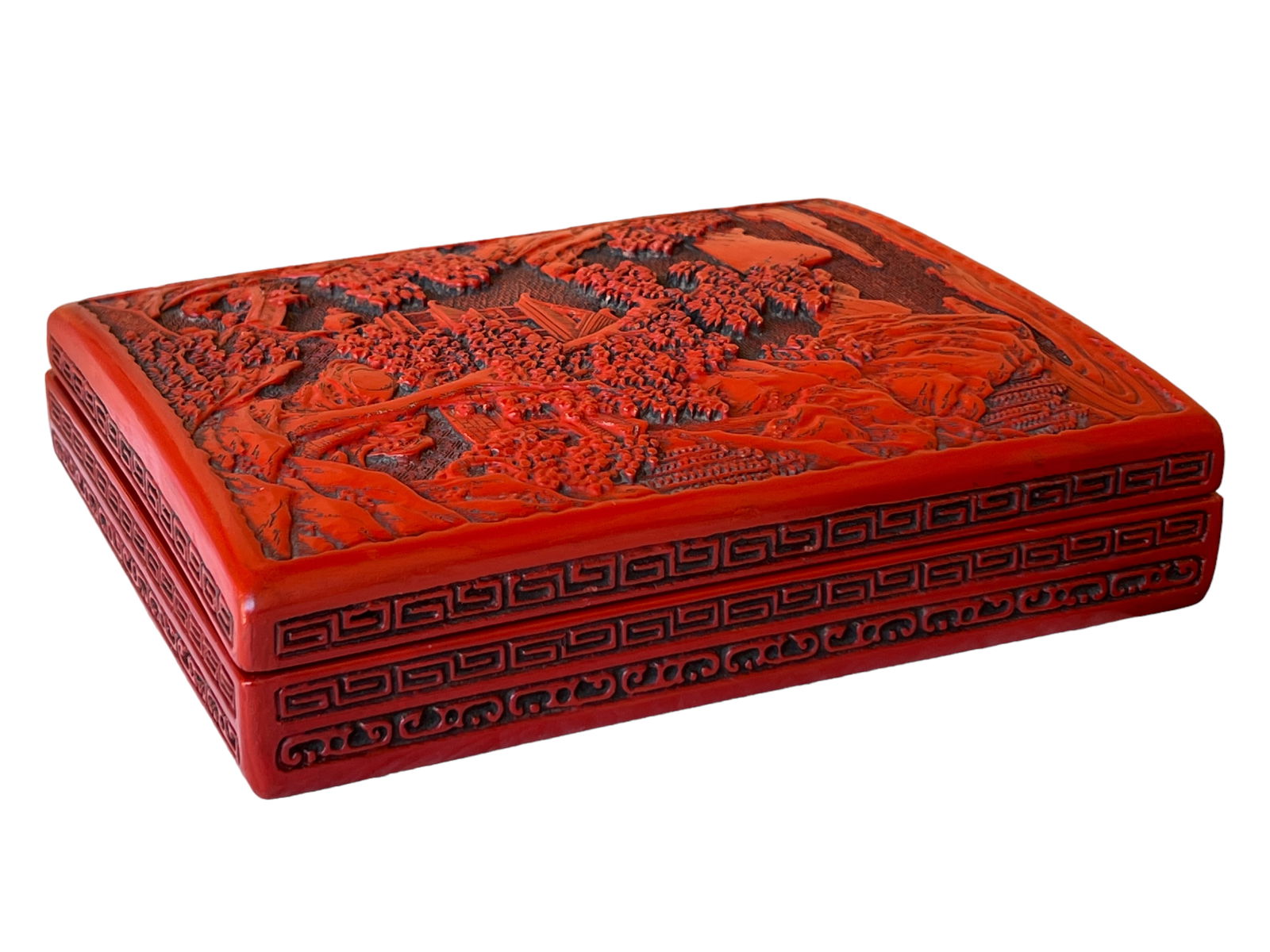 A Carved Red Cinnabar Lacquer Box: H : 9 1/2 in ( 24.13 cm ) W : 7 3/4 in ( 19.69 cm )