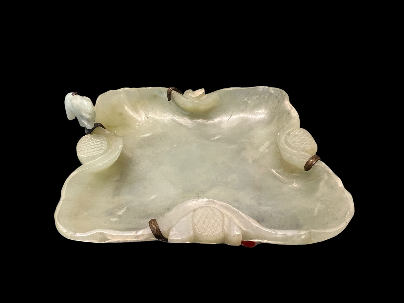 CHINESE WHITE JADE LOTUS DISH: L: 4 1/2 in.( 11.43 cm) W: 3 1/2 in. ( 8.89 cm) H: 1 in. ( 2.54 cm)