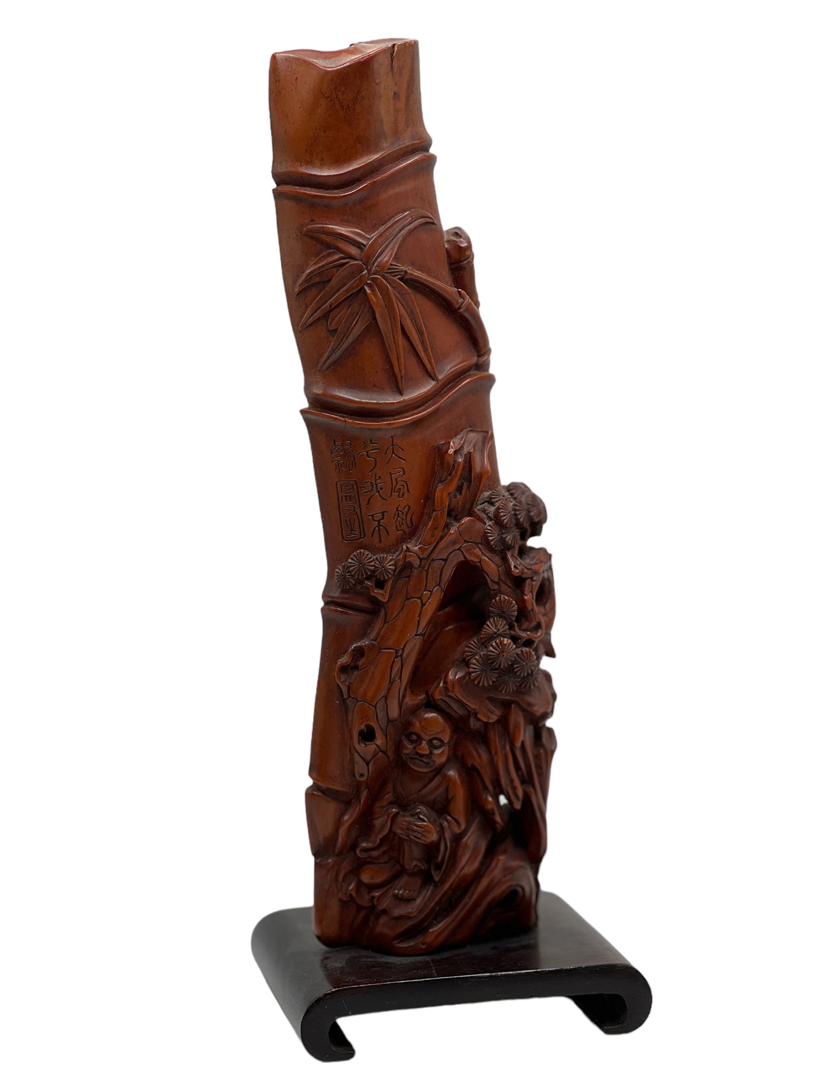 Chinese Bamboo Carving with Stand: H : 10 1/4 in ( 26.4 cm ) W : 3 3/4 in ( 9.53 cm )