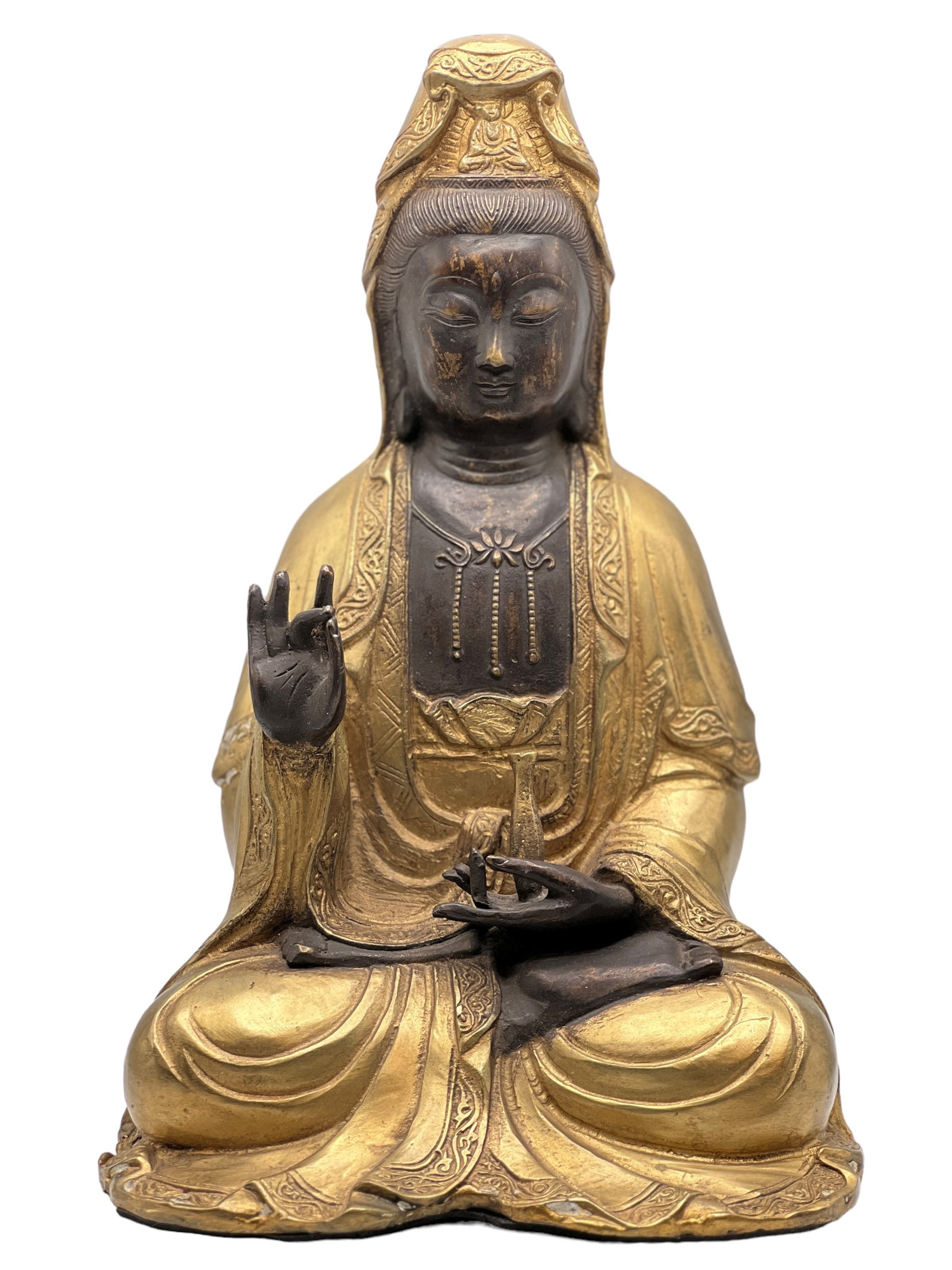 Gilt Bronze Copper Figure Of GUANYIN: H : 11 in ( 27.94 cm ) W : 7 1/2 in ( 19.05 cm ) L : 5 3/4 in ( 14.61 cm )