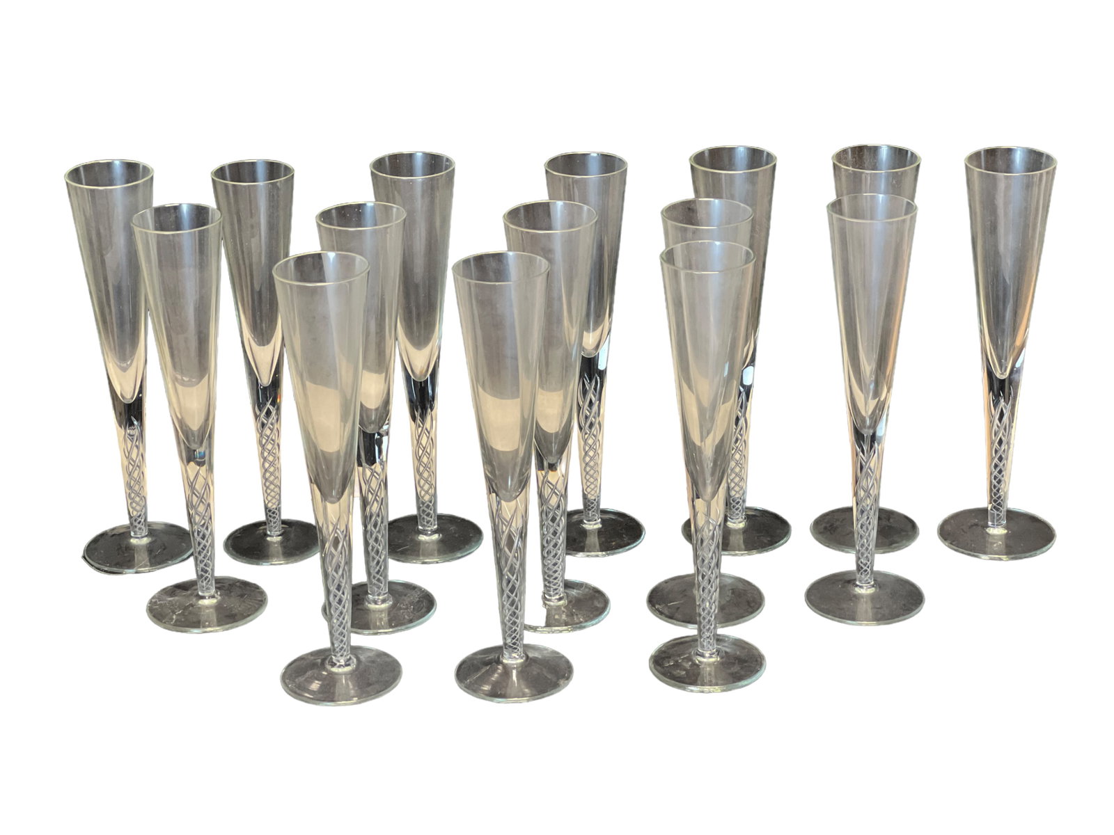 Group of 15 Hand Blown Clear Glass Champagnes: H : 10 1/2 in ( 26.67 cm ) W : 2 7/8 in ( 7.3 cm )