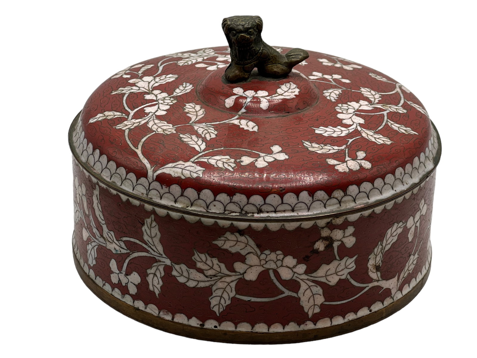 Chinese Cloisonne Lidded Round Box: H ; 4 1/2 in ( 11.43 cm ) W : 6 1/2 in ( 16.51 cm )