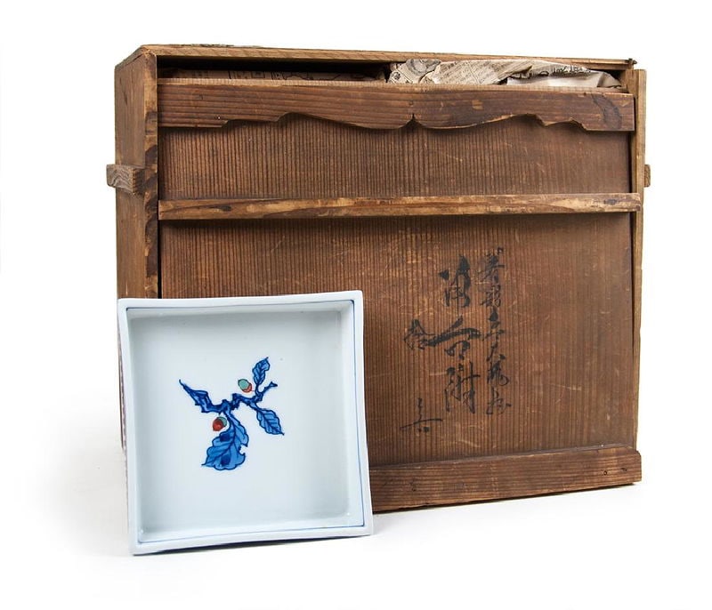 Set of 10 Japanese Blue and White Porcelain Square: Set of 10 Japanese Blue and White Porcelain Square Dishes with Fruit Motif, Original Wooden Box H: 1 1/4 inches W: 5 3/4 inches