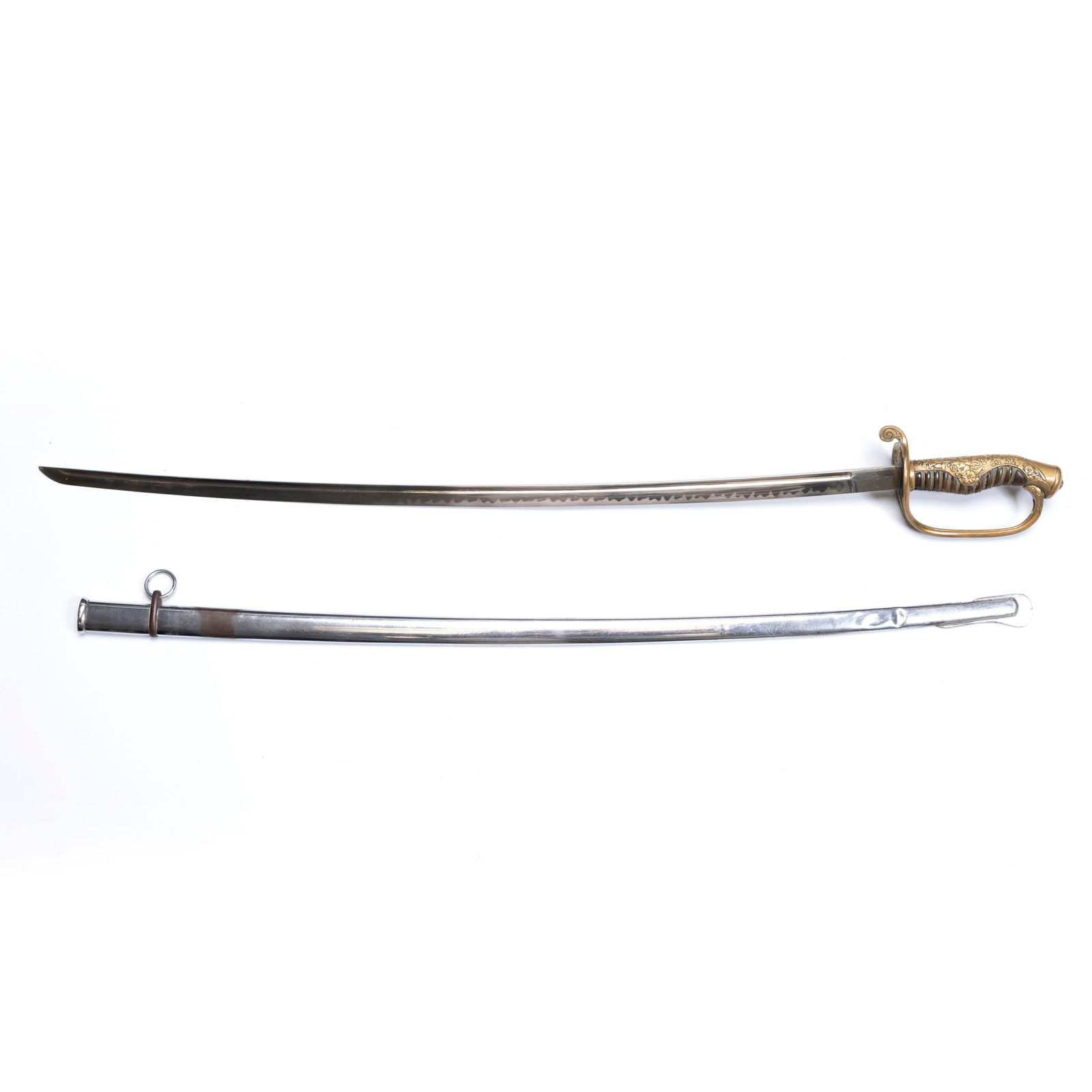 Japanese Army Officer’s Dress Sword with Gilded Br: Japanese Army Officer’s Dress Sword with Gilded BrJapanese Army Officer’s Dress Sword with Gilded Bronze Guard and Engraved Steel Scabbard L : 34 3/4 inches W: 3 1/2 inches