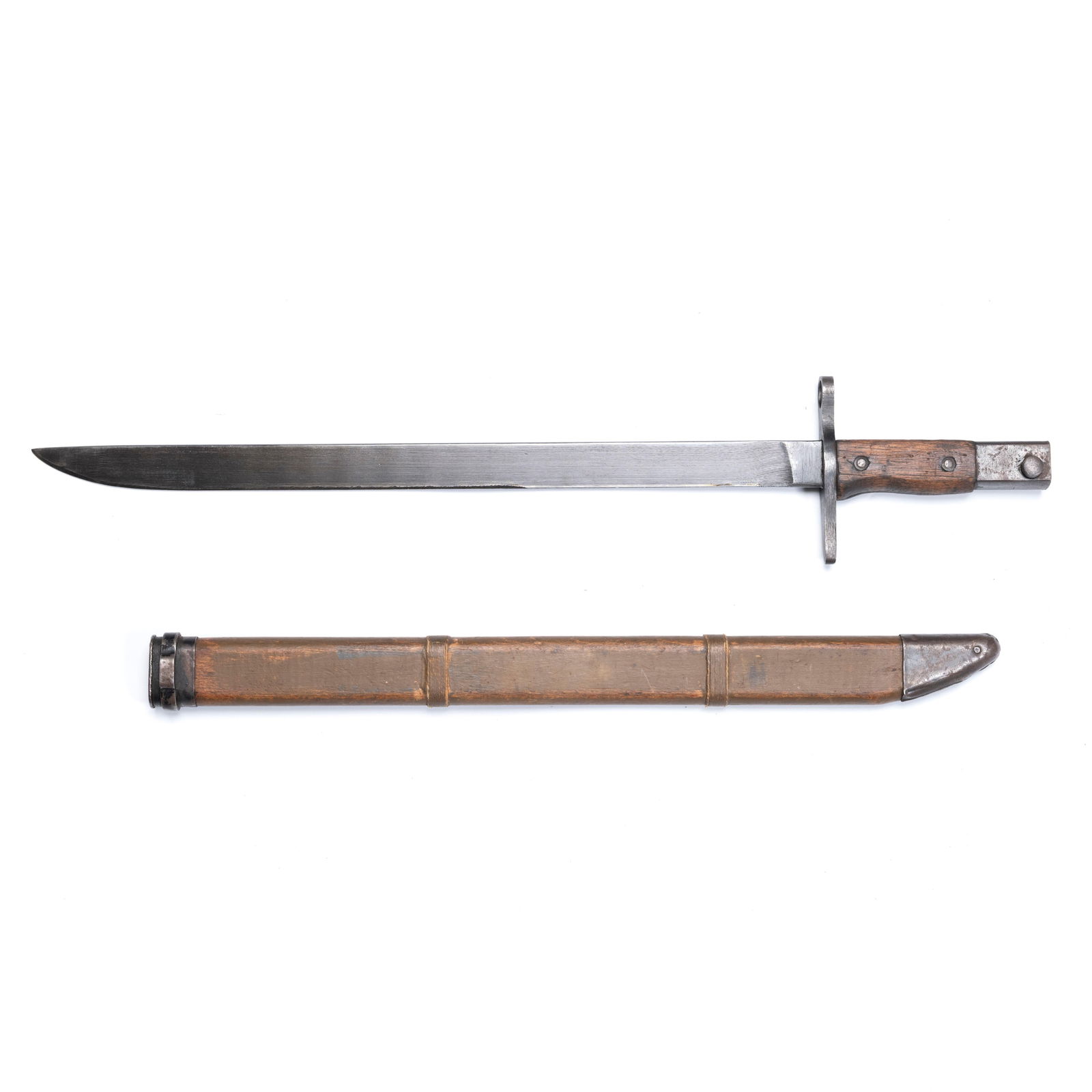 A Japanese Arisaka Bayonet with Wooden Scabbard: A Japanese Arisaka Bayonet with Wooden ScabbardA Japanese Arisaka Bayonet with Wooden Scabbard L: 20 3/4 inches W: 3 3/4 inches