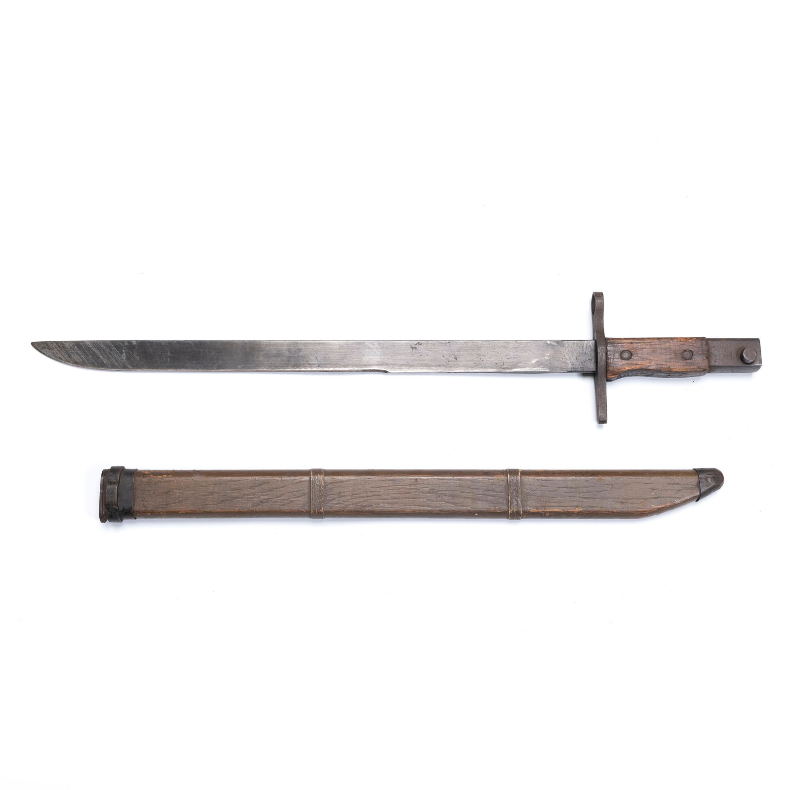 A Japanese Arisaka Bayonet with Wooden Scabbard: A Japanese Arisaka Bayonet with Wooden ScabbardA Japanese Arisaka Bayonet with Wooden Scabbard L: 21 inches W: 3 3/4 inches
