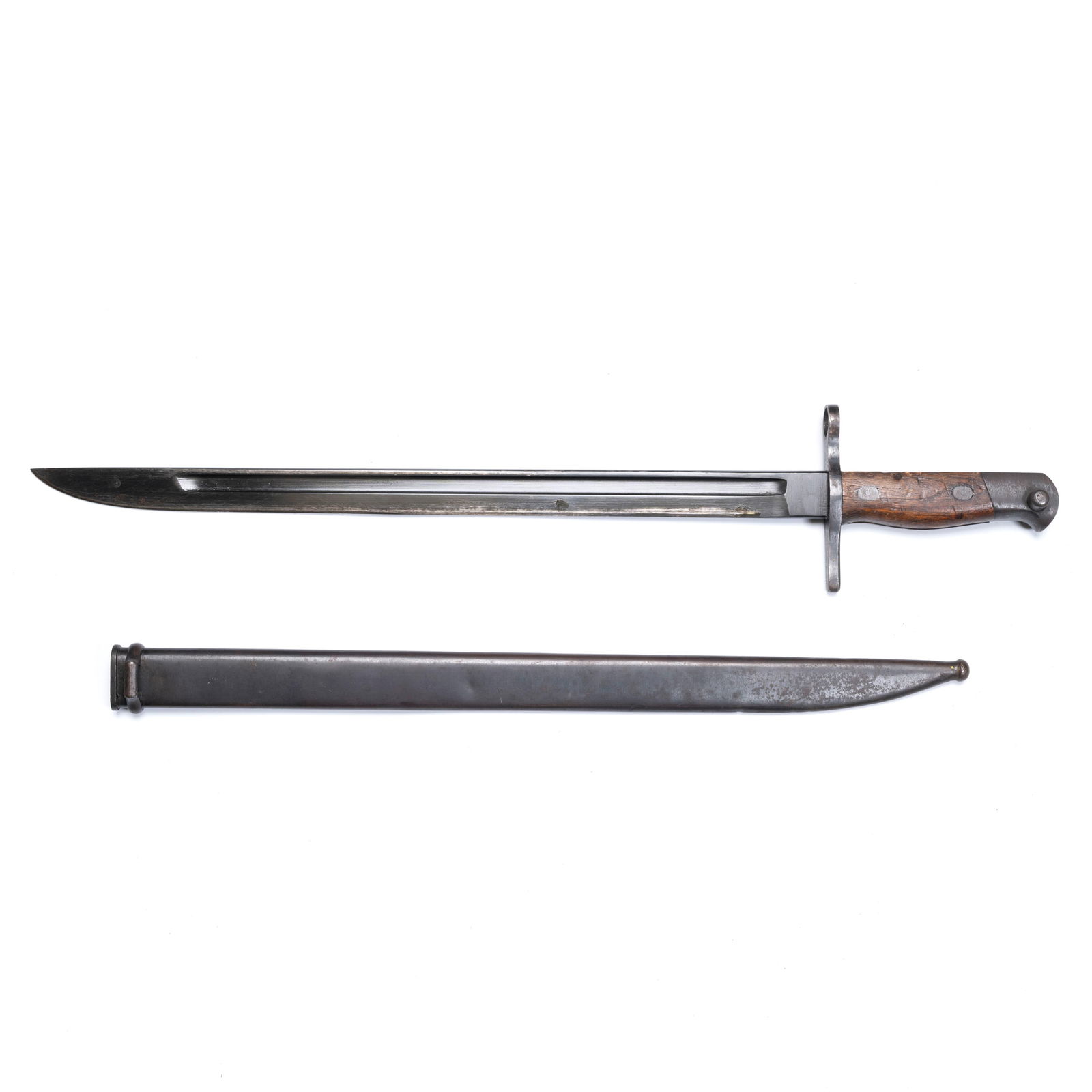 Military Bayonet with Wood Grip and Metal Scabbard: Military Bayonet with Wood Grip and Metal ScabbardL: 20 3/4 inches W: 3 3/4 inches