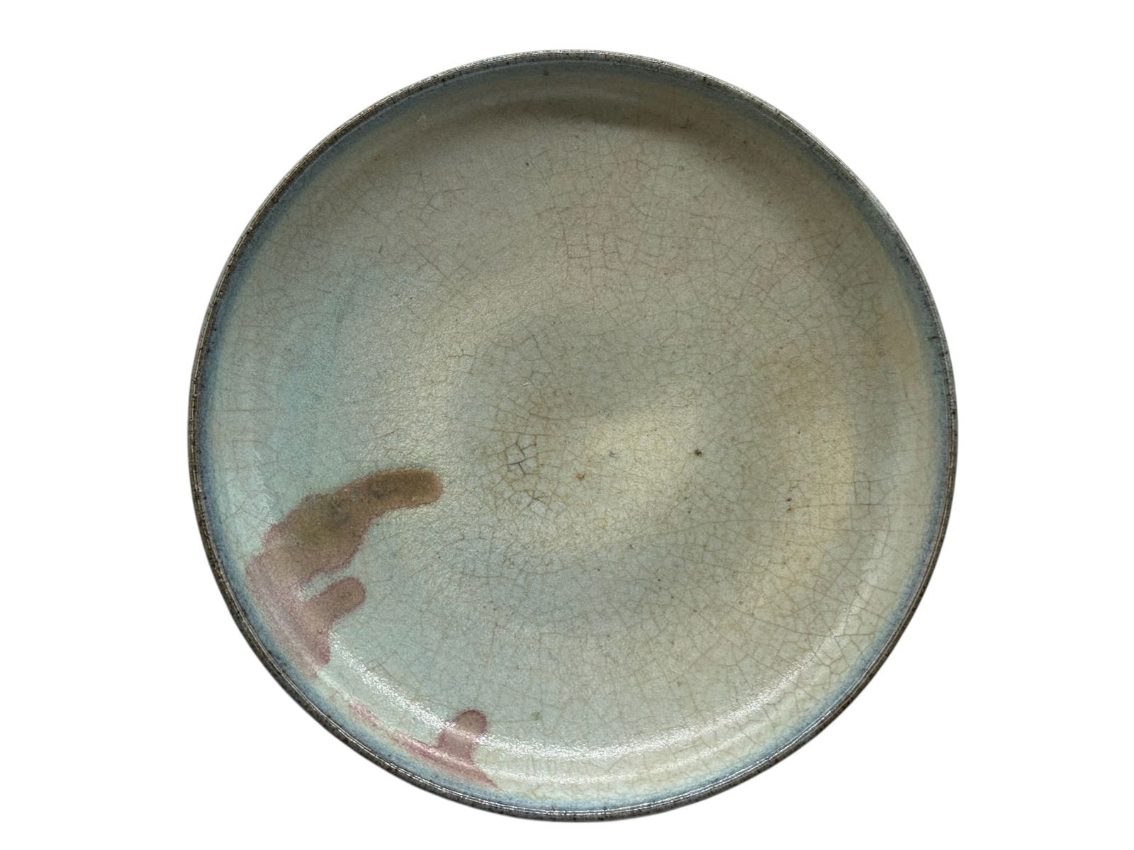 Chinese Crackle Glaze Celadon Plate with Subtle Pu: Chinese Crackle Glaze Celadon Plate with Subtle PuChinese Crackle Glaze Celadon Plate with Subtle Purple Splash H: 1 1/4 inches D: 6 1/4 inches