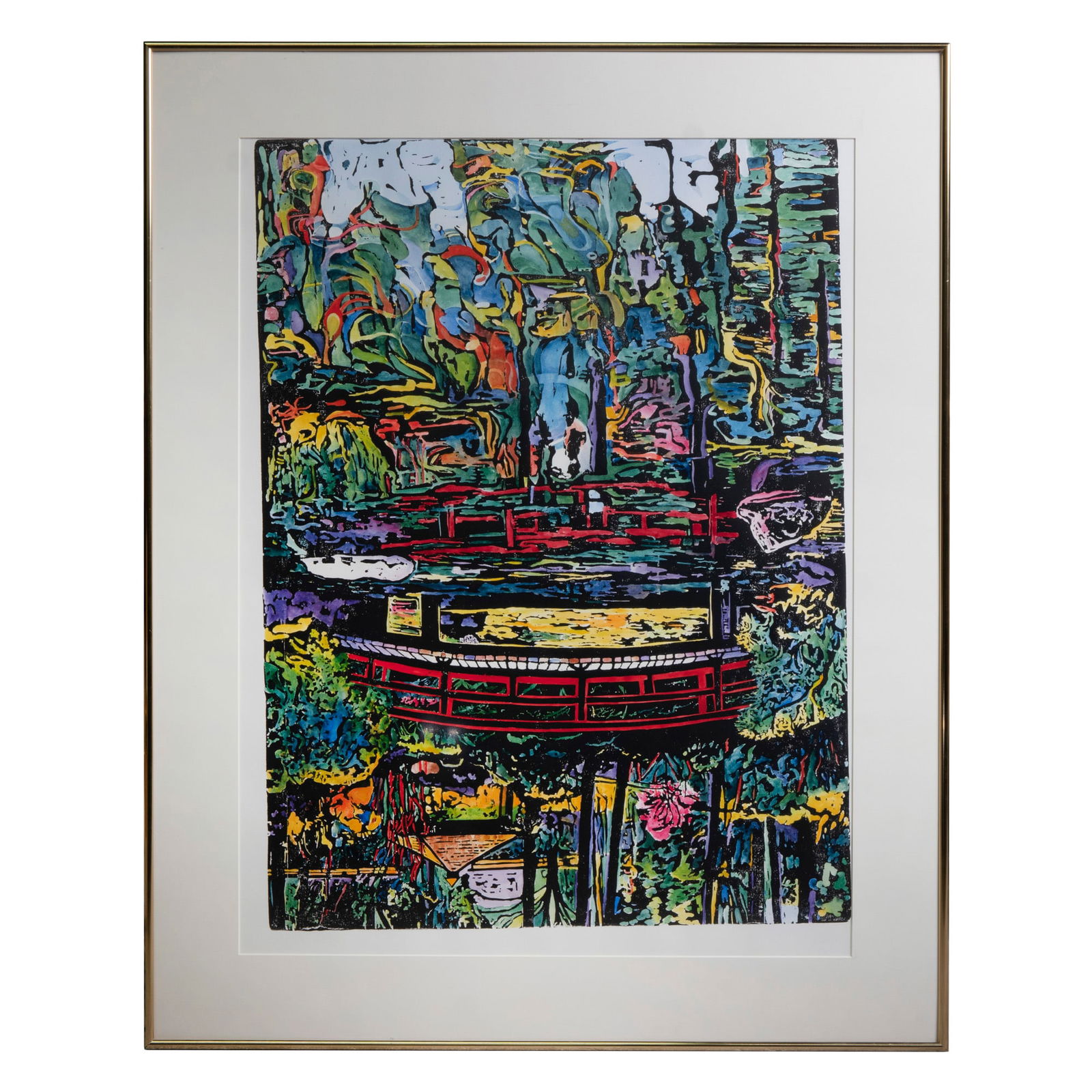 EJ Montgomery Hand-Colored Lithograph: EJ Montgomery Hand-Colored LithographHand-colored lithograph in a brass frame by the artist L.R. Montgomery, numbered on the back in pencil “H.C. 29/30.” The image depicts an abstract style