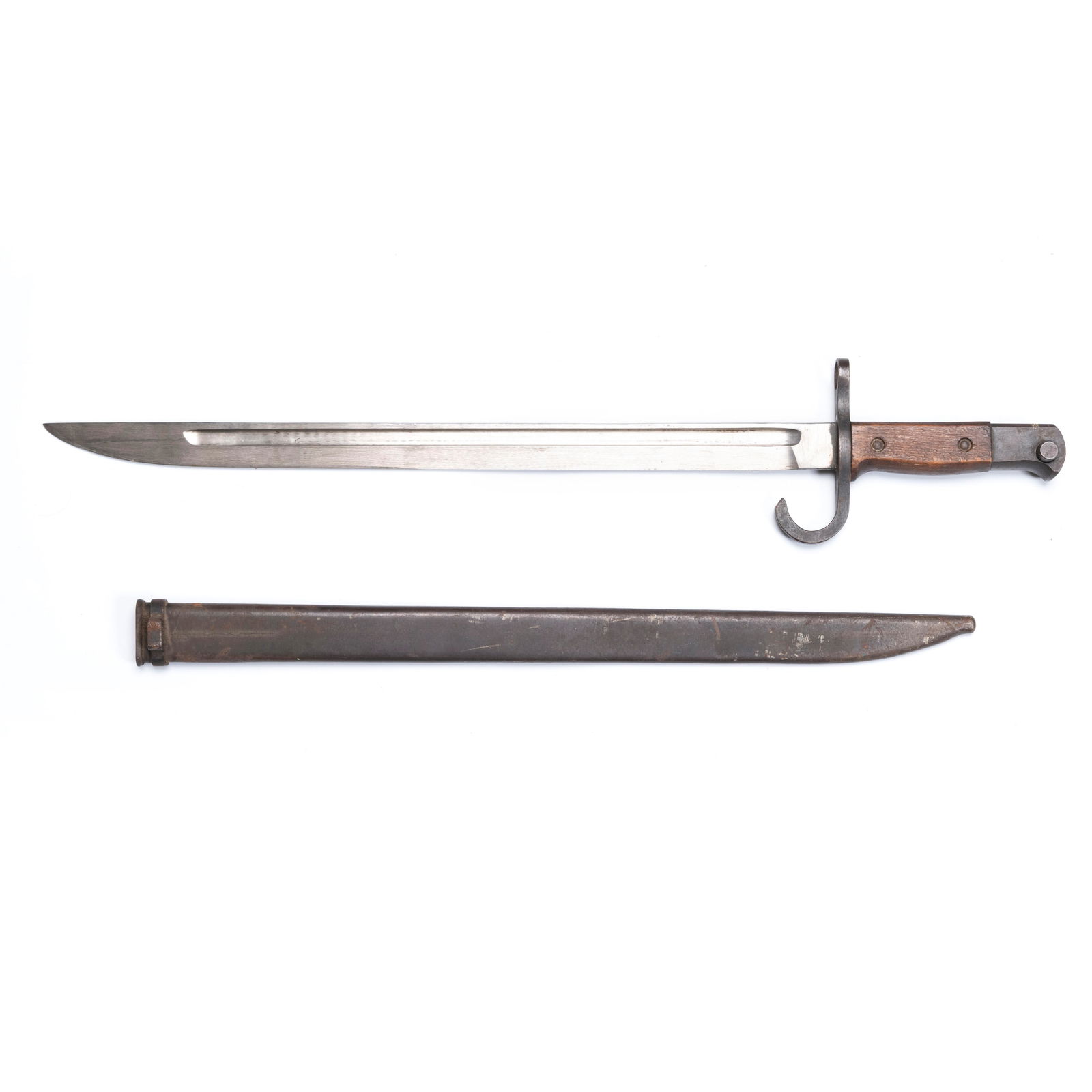 WWII Bayonet, steel blade with fuller, wooden grip: WWII Bayonet, steel blade with fuller, wooden gripL: 20 3/4 inches W: 3 3/4 inches