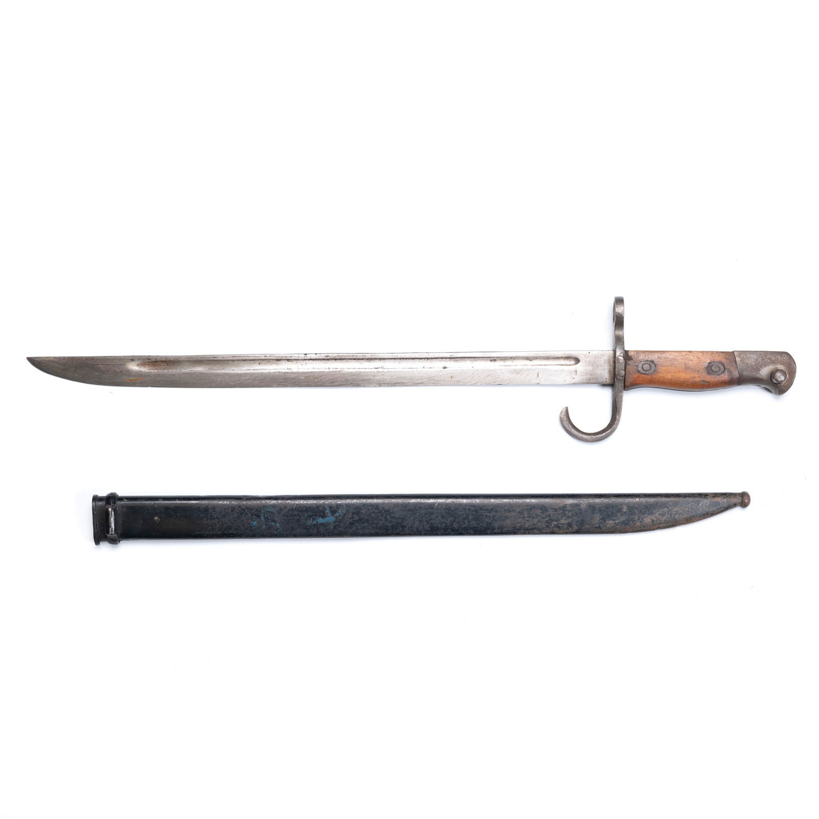 Bayonet with Wooden Grip, Steel Blade & Scabbard,M: Bayonet with Wooden Grip, Steel Blade & Scabbard,MBayonet with Wooden Grip, Steel Blade & Scabbard,Military Edged Weapon L: 21 inches W: 3 3/4 inches