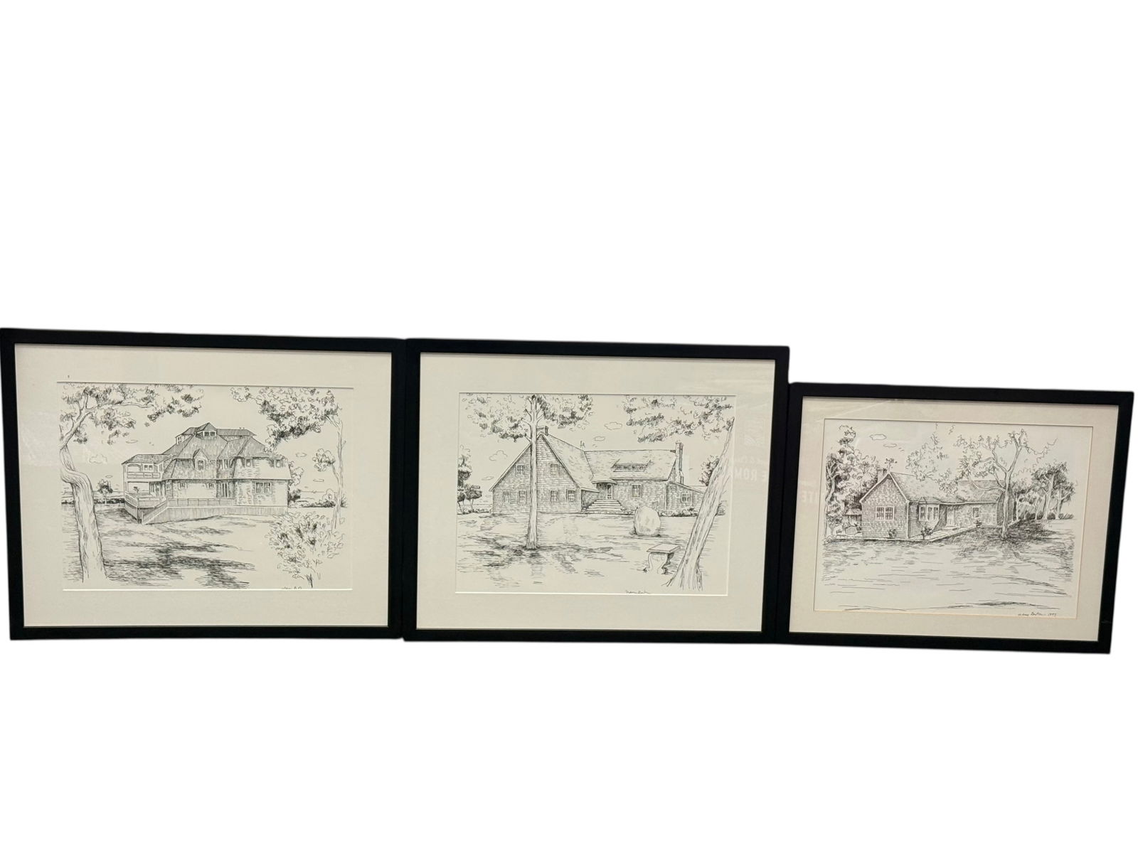 A Set of Three Framed Drawings, depicting architec: A Set of Three Framed Drawings, depicting architecA Set of Three Framed Drawings, depicting architectural scenes, each in black frame. H: 17 1/2 inches W: 21 inchesSmall: H: 15 1/2 inches W: 17 1/4