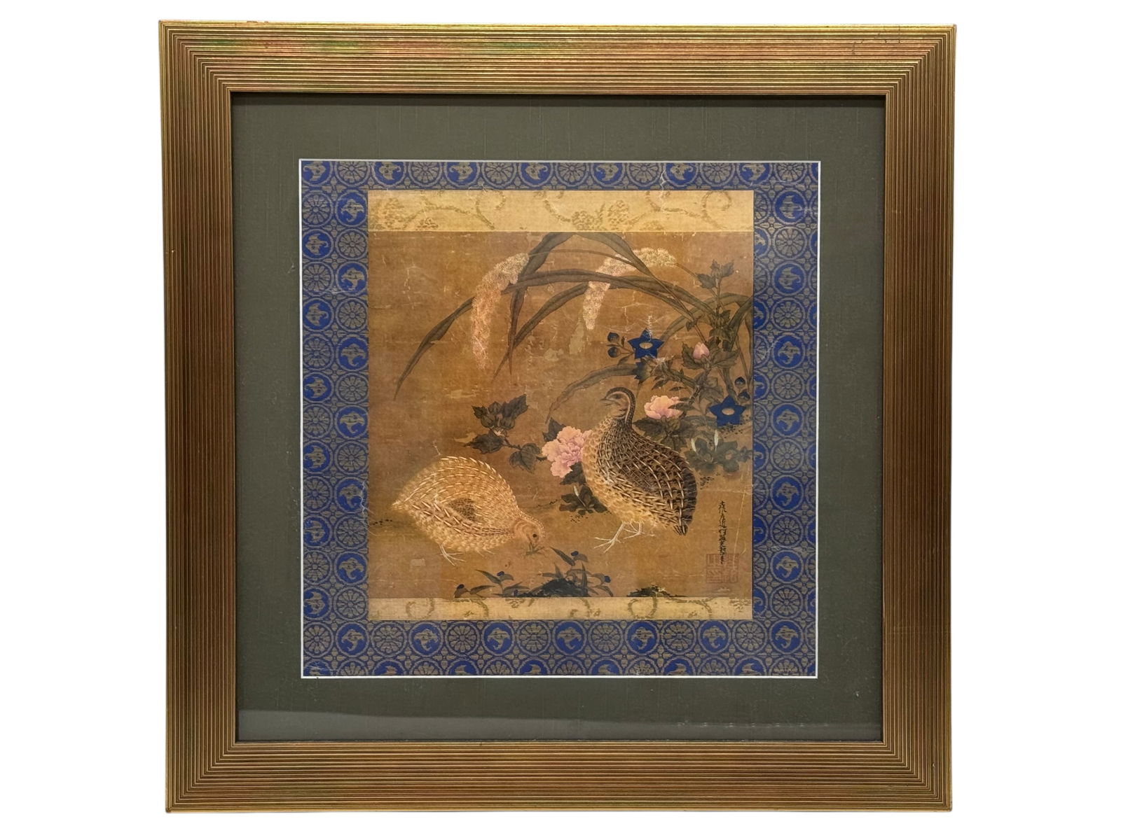 A Framed Painting of Quails and Flowers: A Framed Painting of Quails and FlowersA Framed Painting of Quails and Flowers, depicting two birds among flowering plants, with inscription and seal. H: 24 inches W: 23 1/2 inches