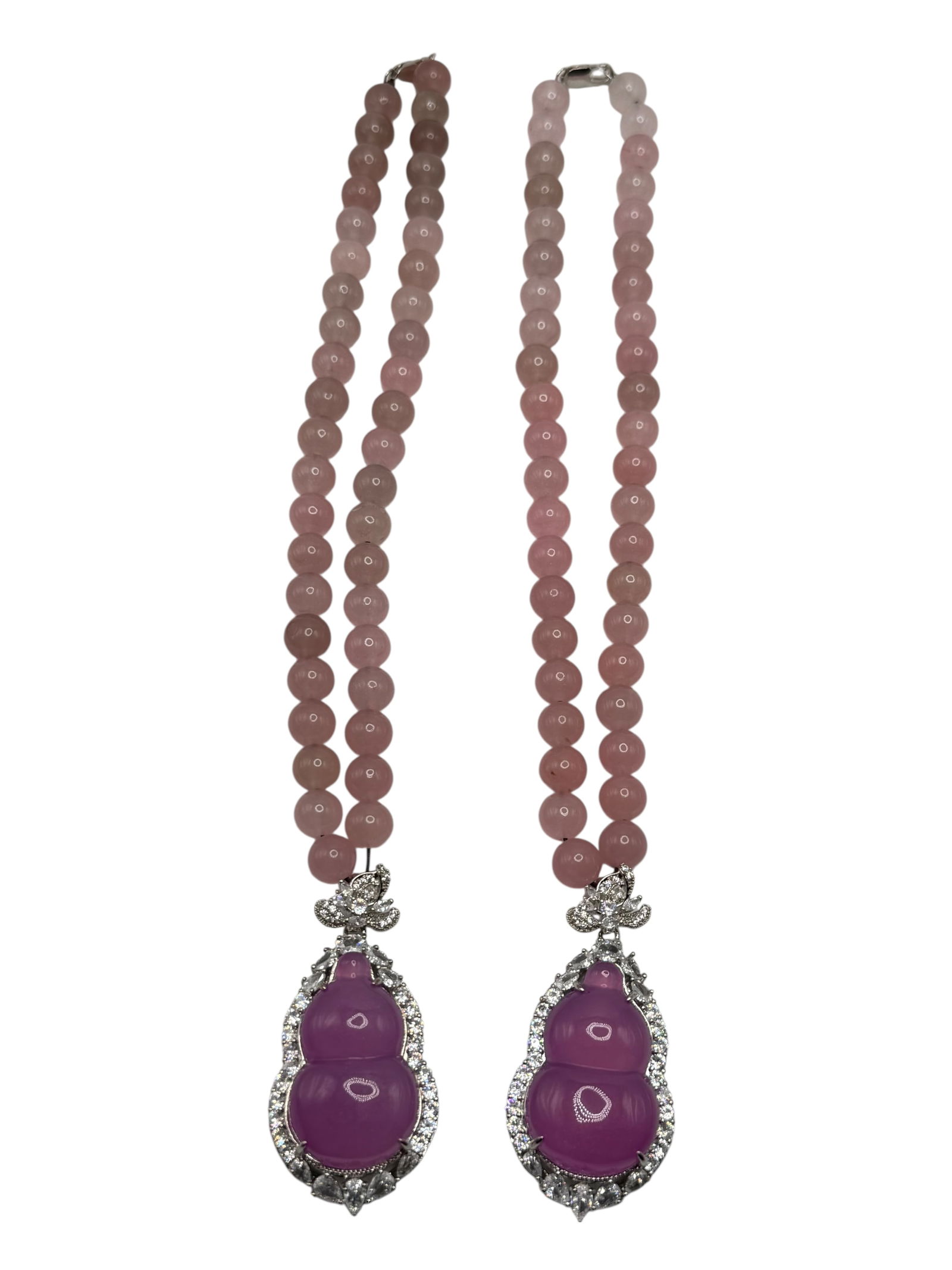 Lot of 2 Pink Bead Necklaces with Purple Gourd Pen: Lot of 2 Pink Bead Necklaces with Purple Gourd PenLot of 2 Pink Bead Necklaces with Purple Gourd Pendants H: 11 inches