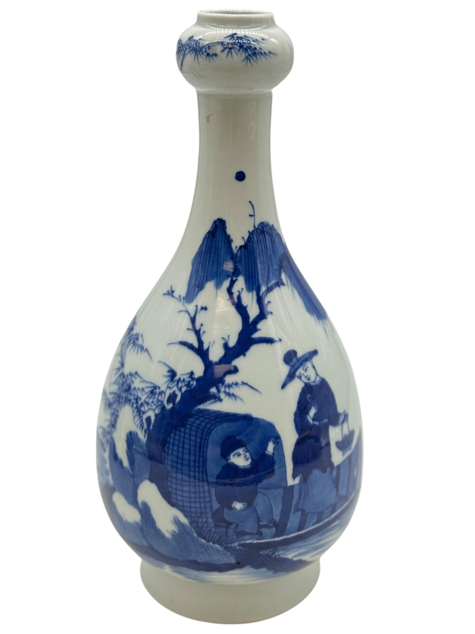 A Chinese Blue and White Bottle Vase, Kangxi Marks: A Chinese Blue and White Bottle Vase, Kangxi MarksA Chinese Blue and White Bottle Vase, painted with figures in a landscape, the neck with bamboo decoration. H: 10 inches W: 5 inches